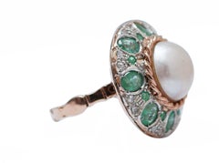 Pearl, Emeralds, Diamonds, Rose Gold and Silve Ring.