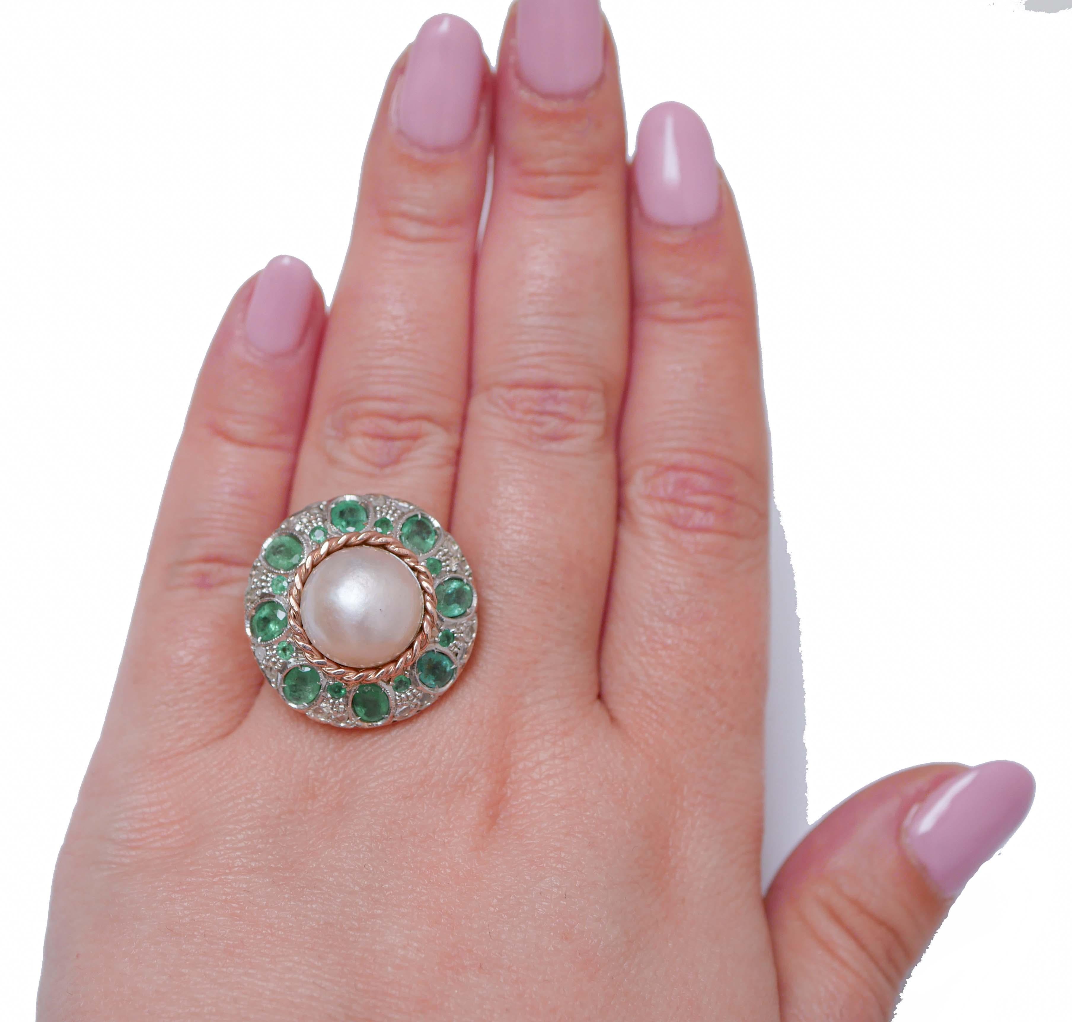 Mixed Cut Pearl, Emeralds, Diamonds, Rose Gold and Silve Ring. For Sale