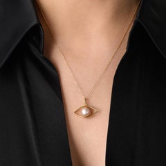 Pearl Evil Eye Pendant Necklace with Solid Gold Chain