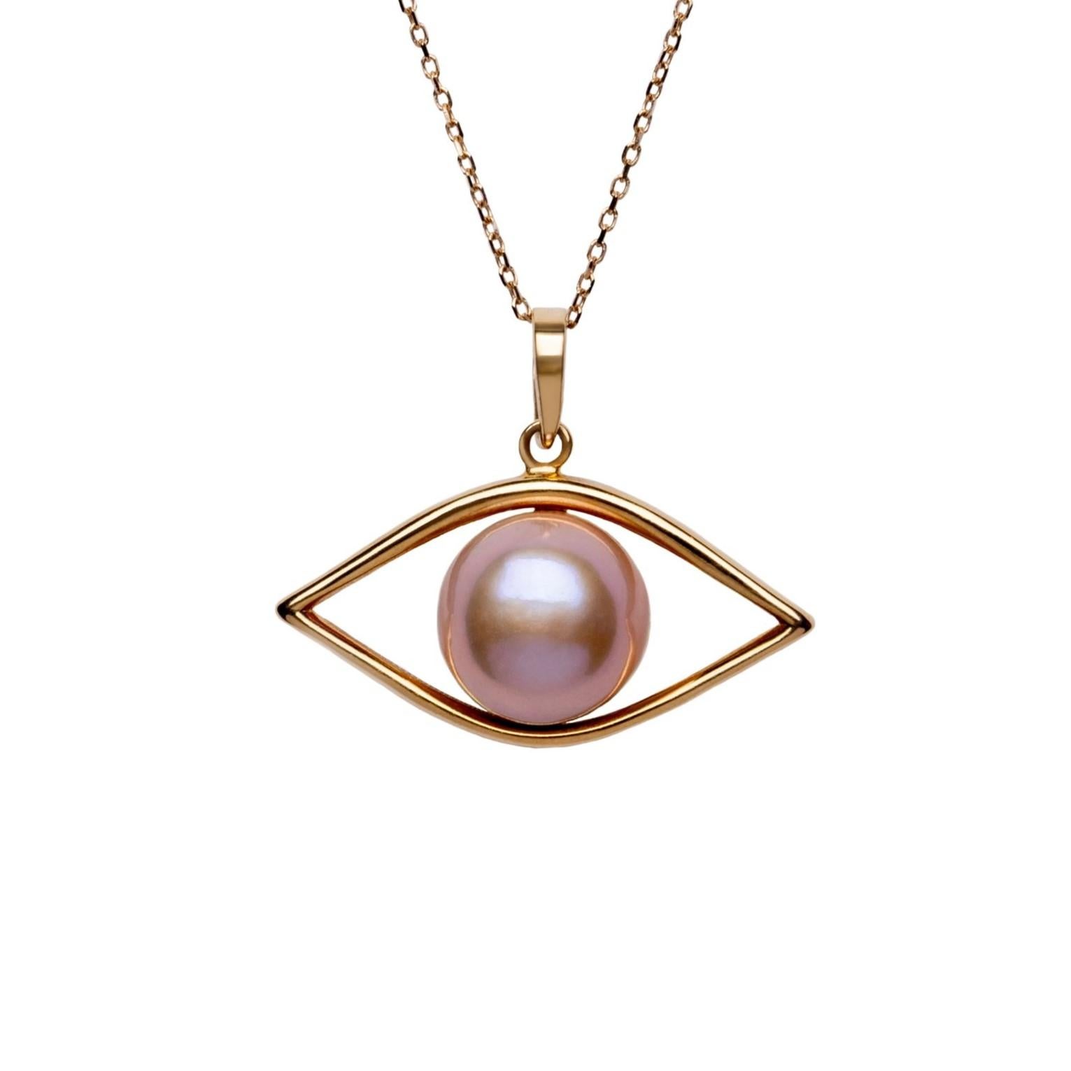 Freshwater Pearl Evil Eye Pendant Necklace with Solid Gold Chain In New Condition For Sale In Woodbridge, CA