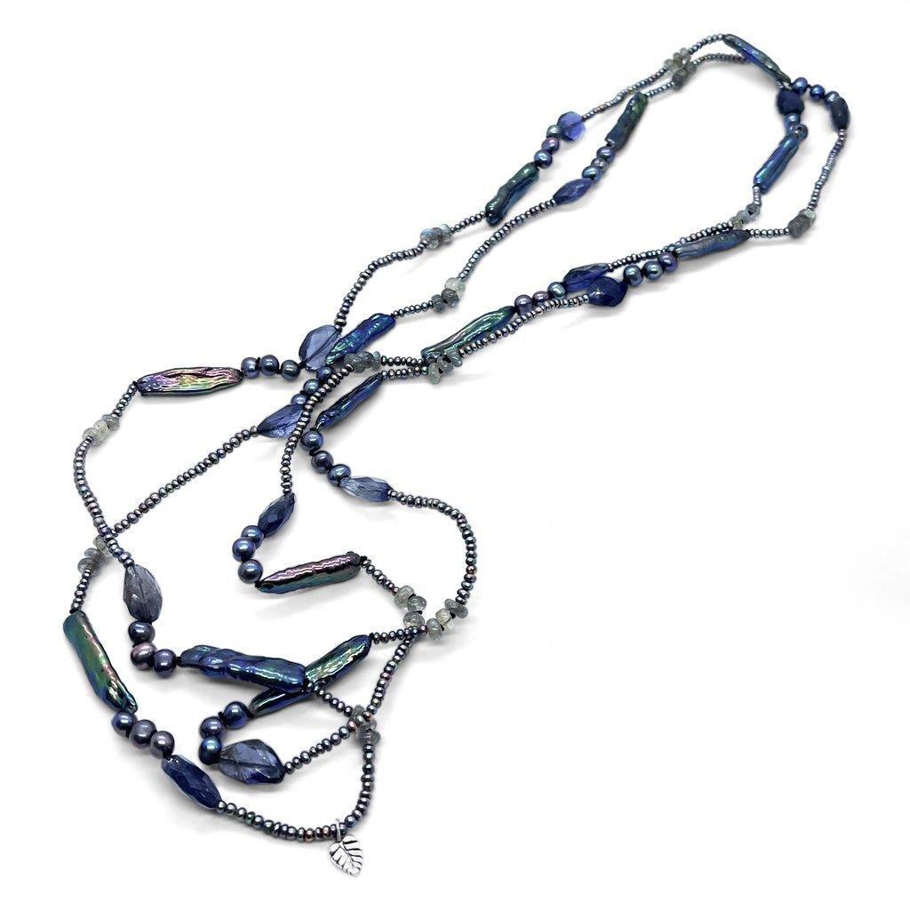 Artisan Pearl Faceted Blue Iolite and Labradorite Necklace in Sterling Silver For Sale