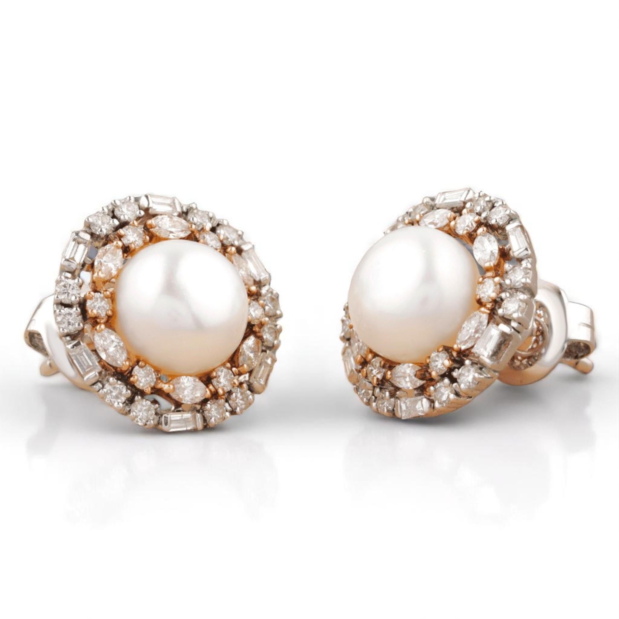Pearl Fancy Diamonds Halo Stud Earrings in 14K Solid Gold (Certified) Neuf - En vente à New Delhi, DL