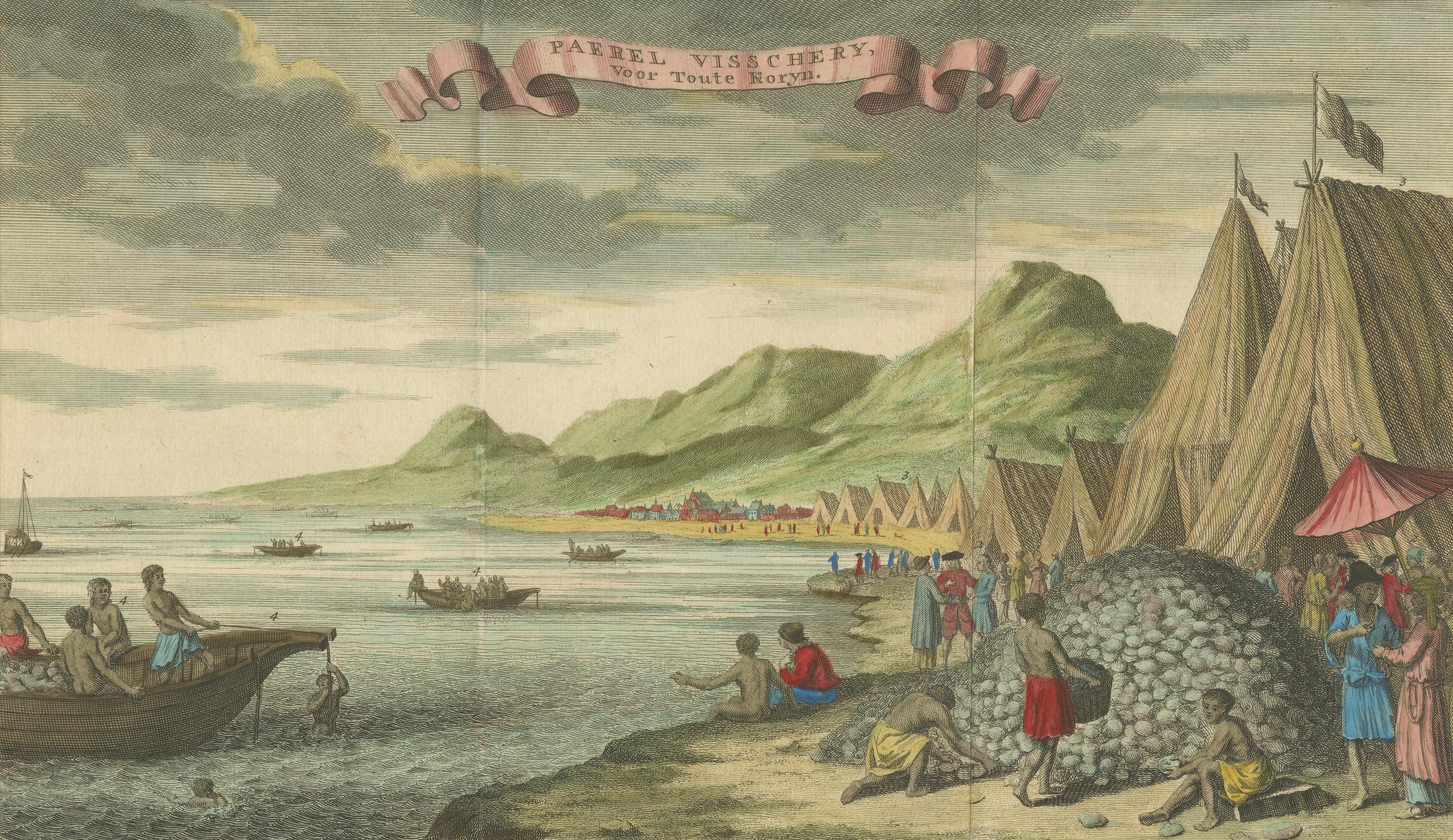 Pearl Fishery Scene, Coromandel Coast India, Dutch Hand-Colored Engraving c.1730