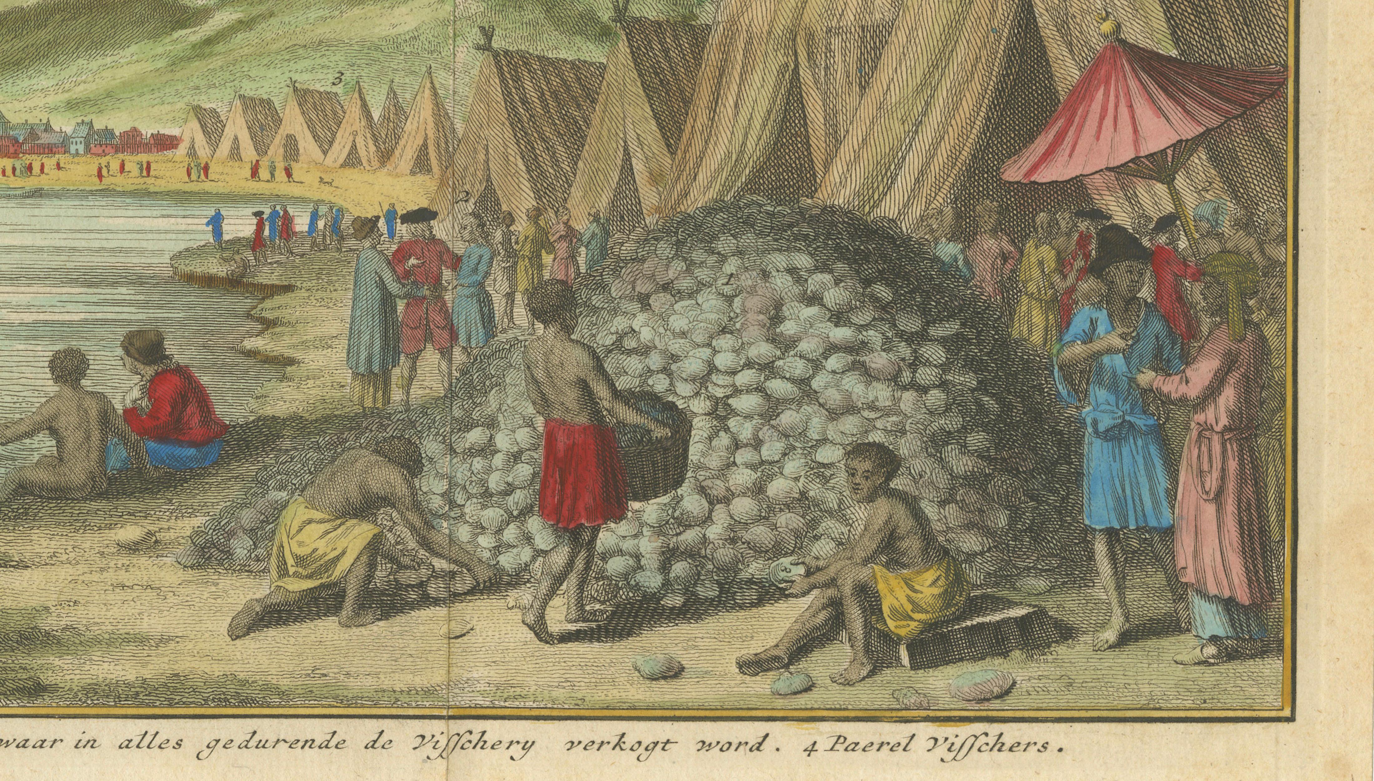 Pearl Fishery Scene, Coromandel Coast India, Dutch Hand-Colored Engraving c.1730