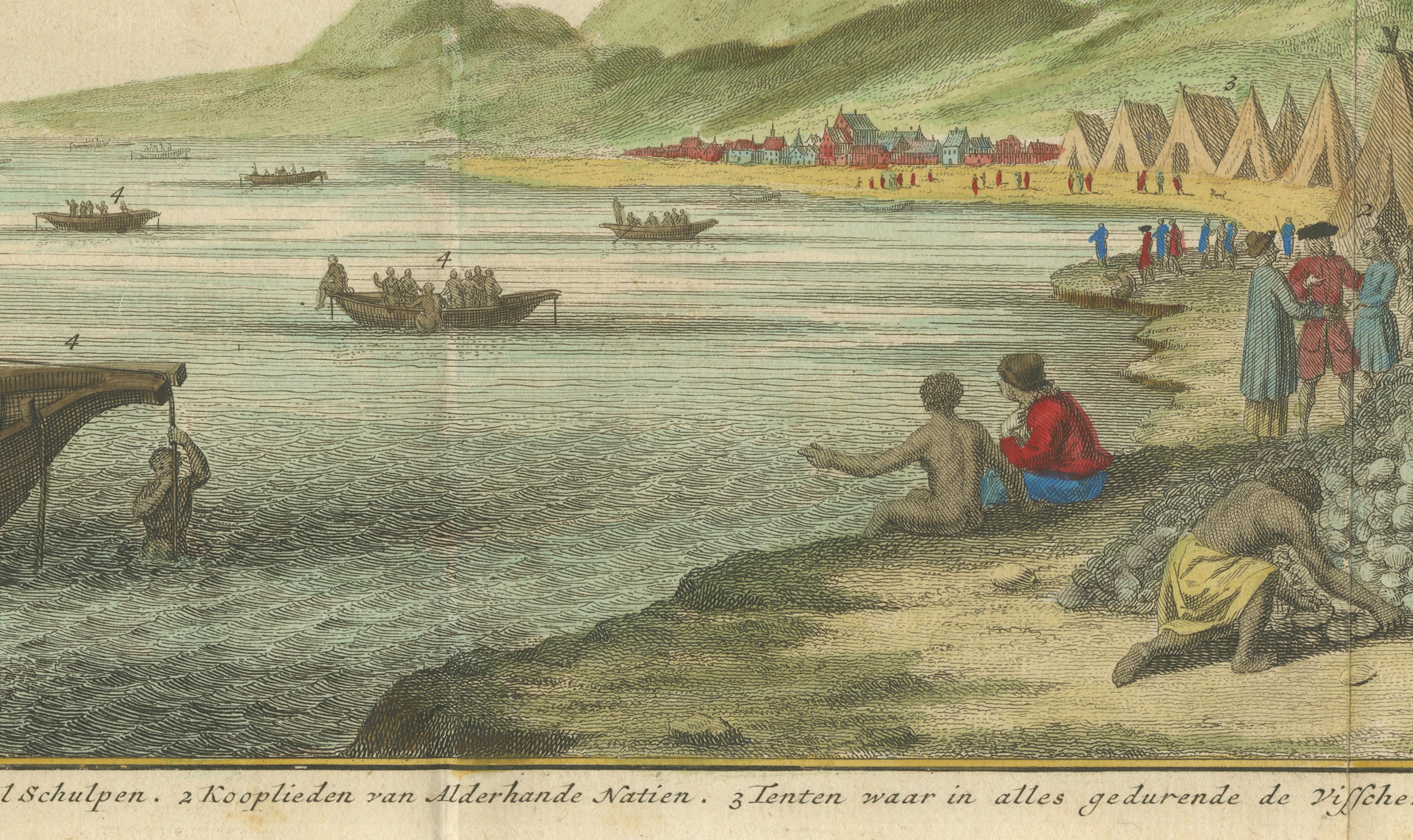 Pearl Fishery Scene, Coromandel Coast India, Dutch Hand-Colored Engraving c.1730