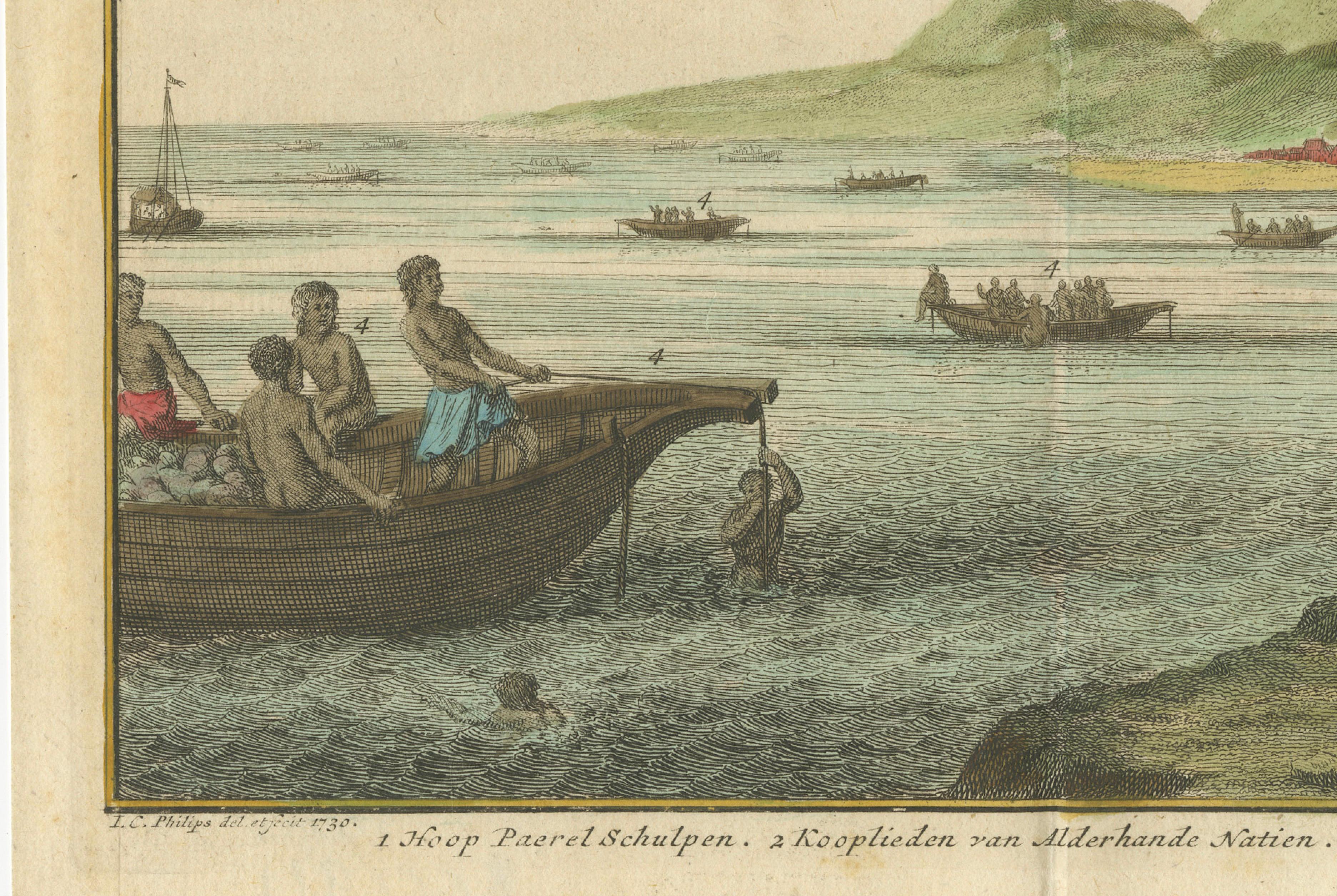 Pearl Fishery Scene, Coromandel Coast India, Dutch Hand-Colored Engraving c.1730