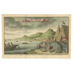 Pearl Fishery Scene, Coromandel Coast India, Dutch Hand-Colored Engraving c.1730