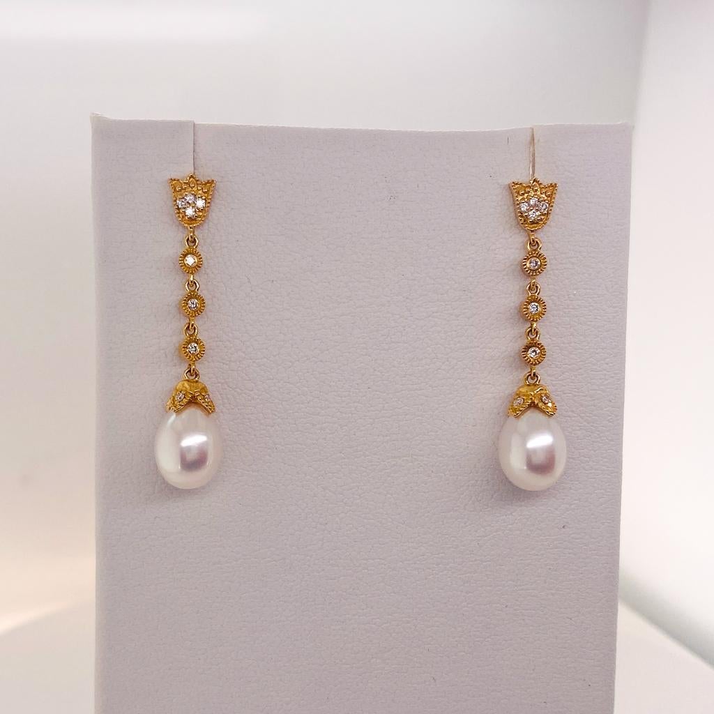 Contemporary Pearl Floral Diamond Drop Earrings Wedding Earrings 14k Yellow Gold EG9727 LV For Sale