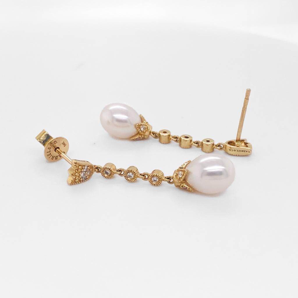 Perlen-Blumen-Diamant-Tropfen-Ohrringe 14k Gelbgold EG9727 LV im Zustand „Neu“ im Angebot in Austin, TX