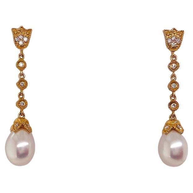 Pearl Floral Diamond Drop Earrings Wedding Earrings 14k Yellow Gold EG9727 LV For Sale