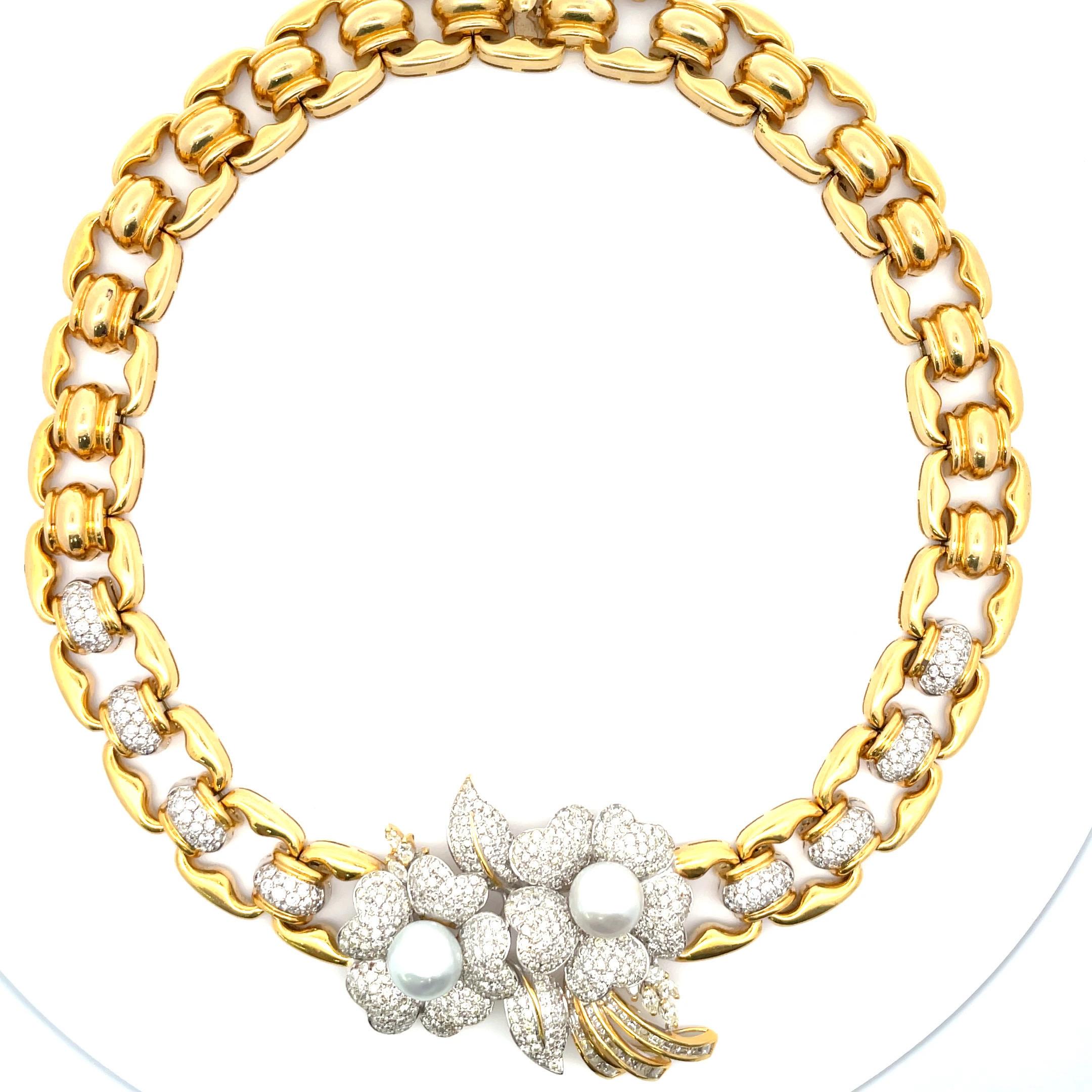 Pearl Floral Diamond Link Necklace 11.50 Carats 18 Karat Yellow Gold For Sale 4