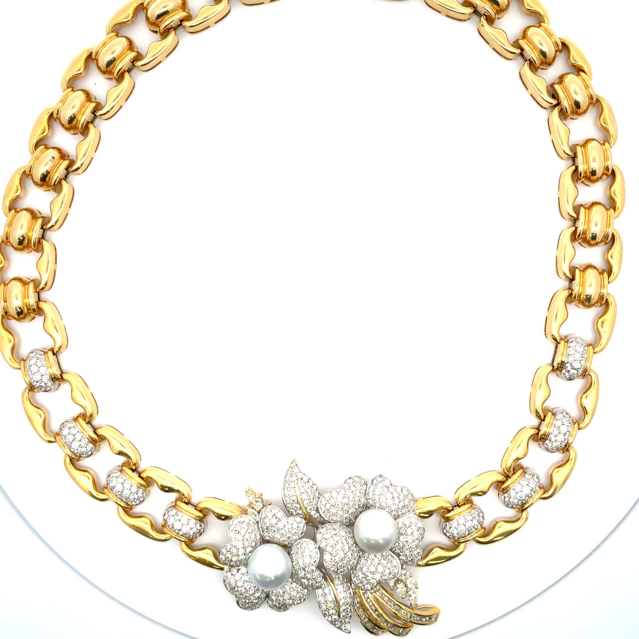Collier à maillons en or jaune 18 carats avec perles et diamants à motifs floraux de 11,50 carats en vente 5