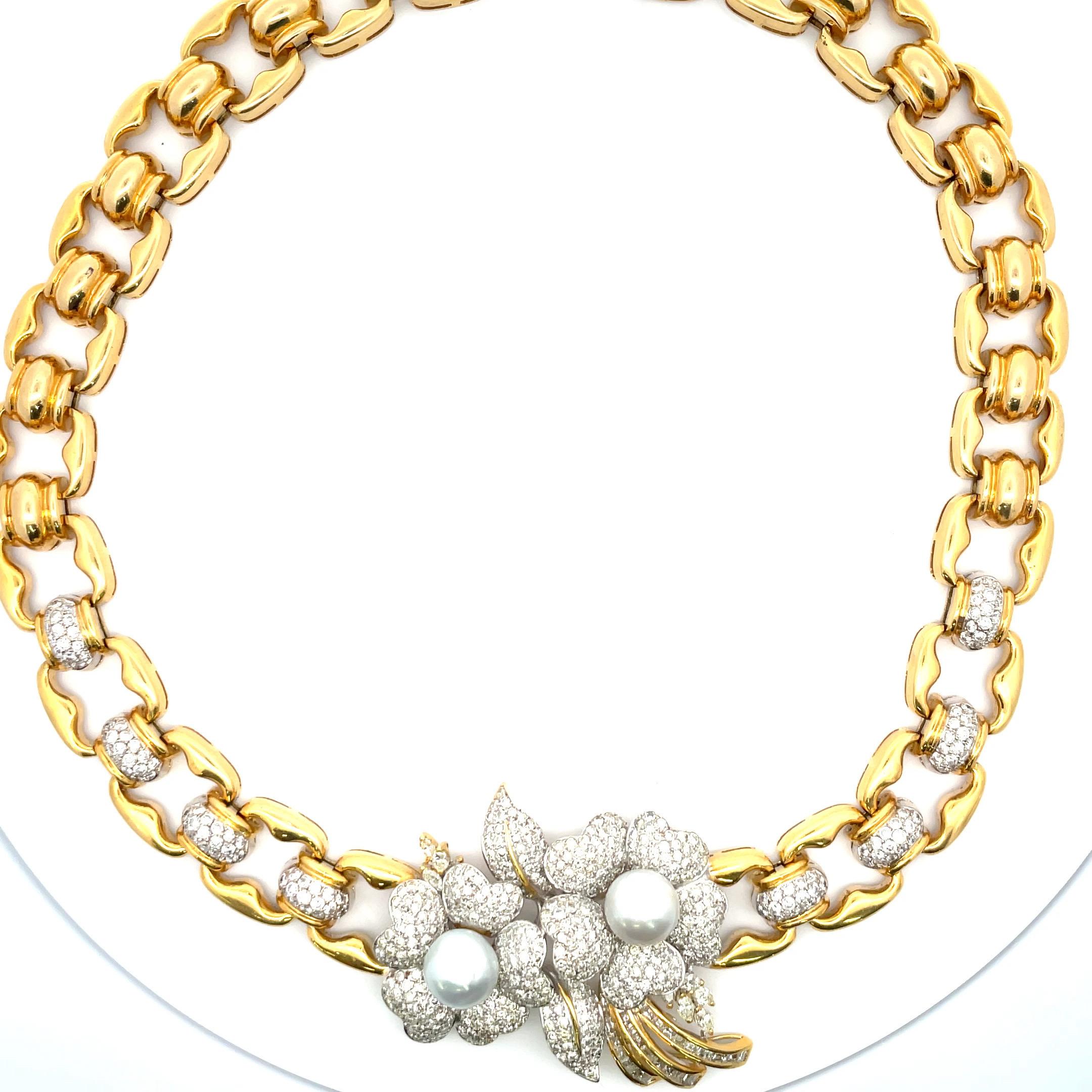 Pearl Floral Diamond Link Necklace 11.50 Carats 18 Karat Yellow Gold For Sale 5