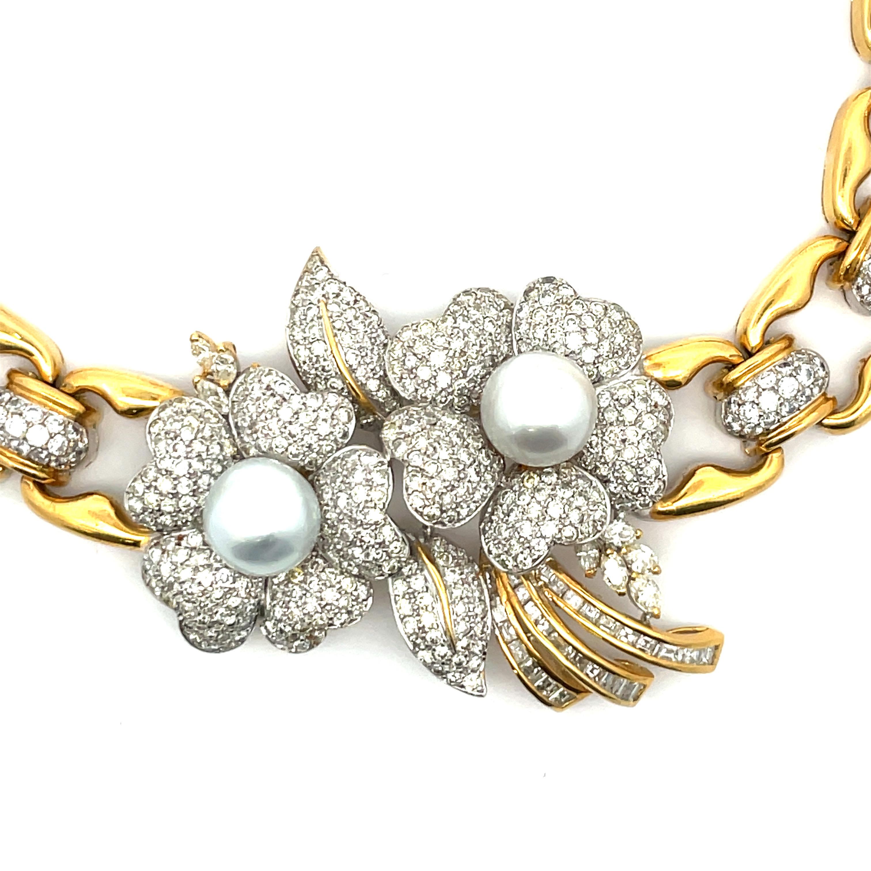 Pearl Floral Diamond Link Necklace 11.50 Carats 18 Karat Yellow Gold For Sale 6