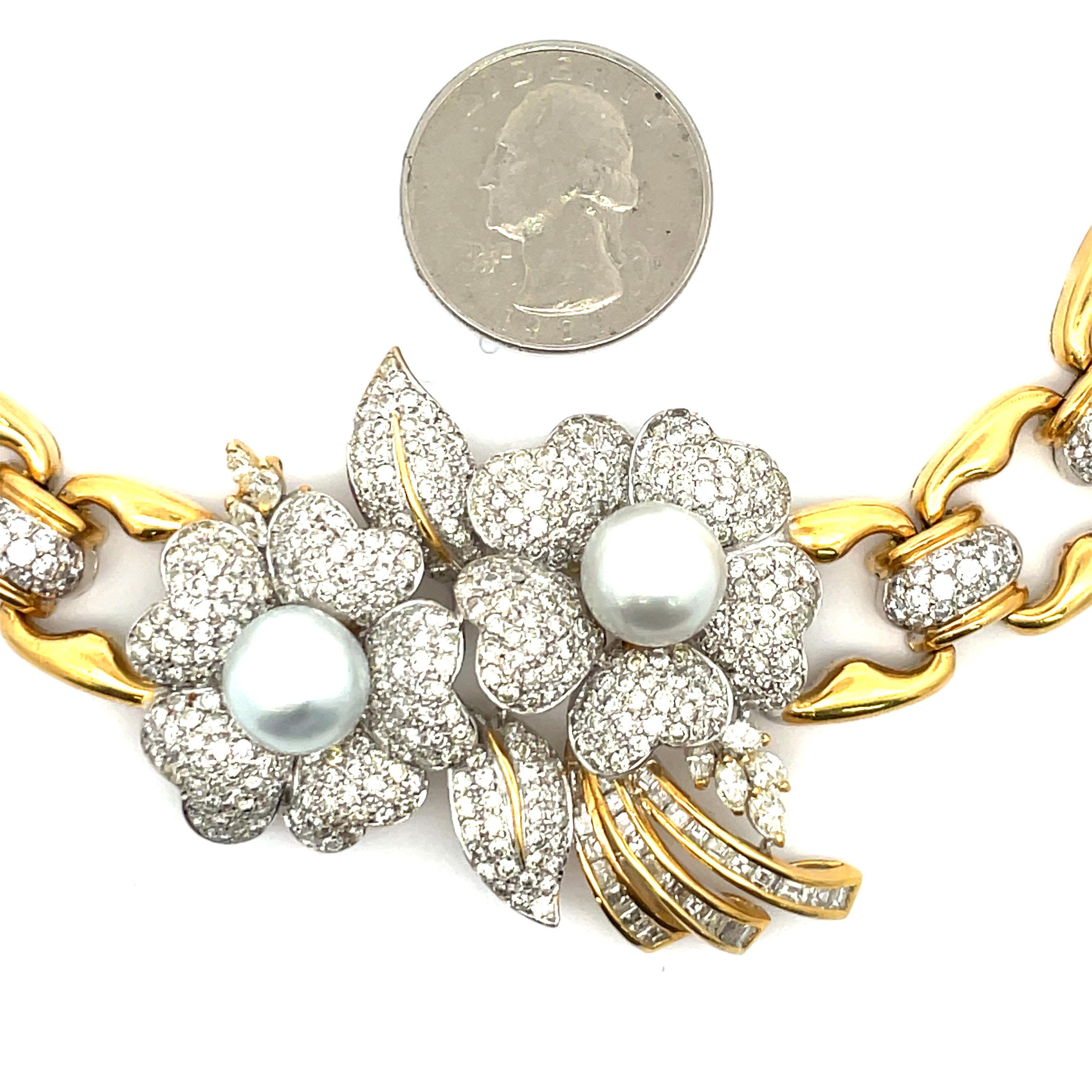 Pearl Floral Diamond Link Necklace 11.50 Carats 18 Karat Yellow Gold For Sale 7