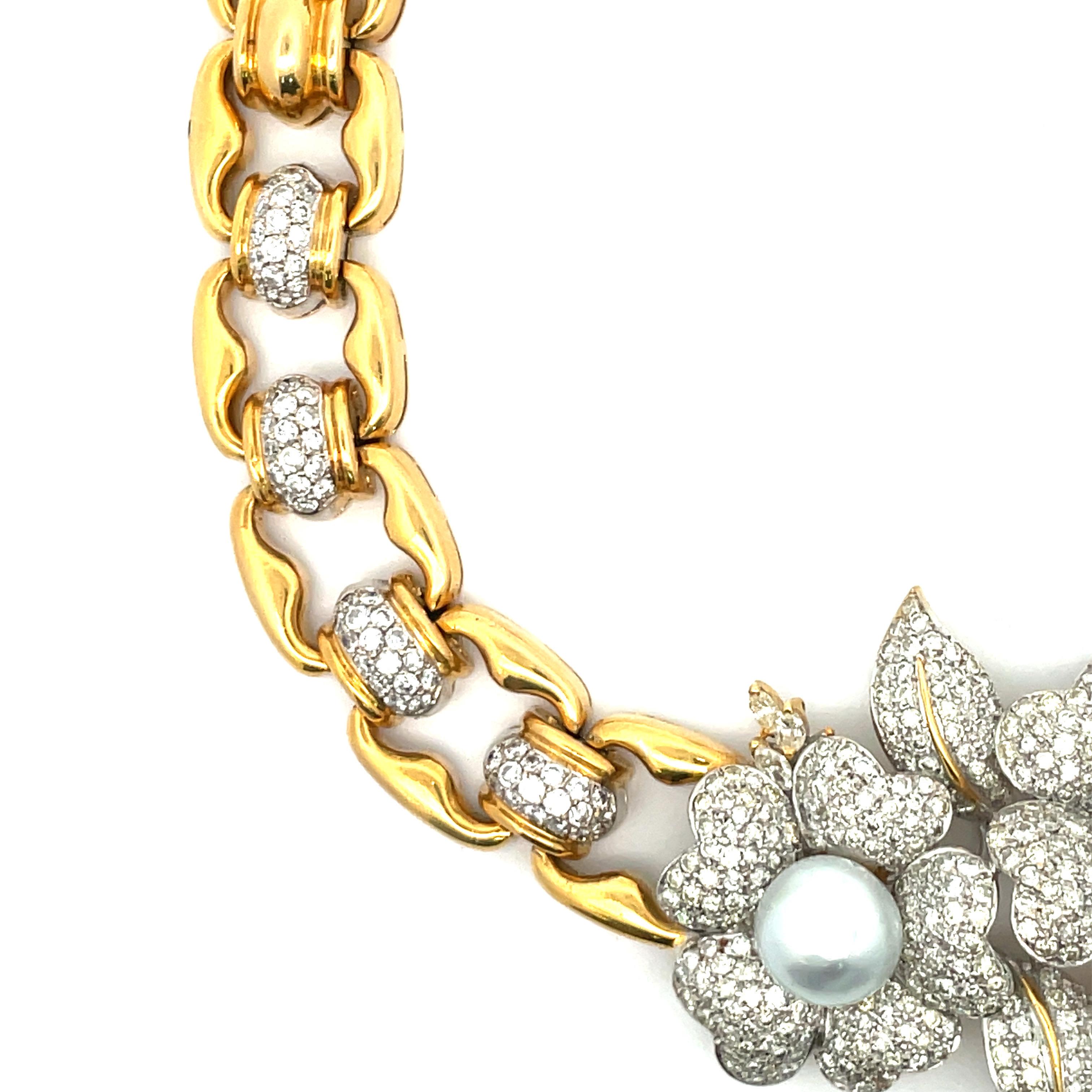 Pearl Floral Diamond Link Necklace 11.50 Carats 18 Karat Yellow Gold For Sale 8