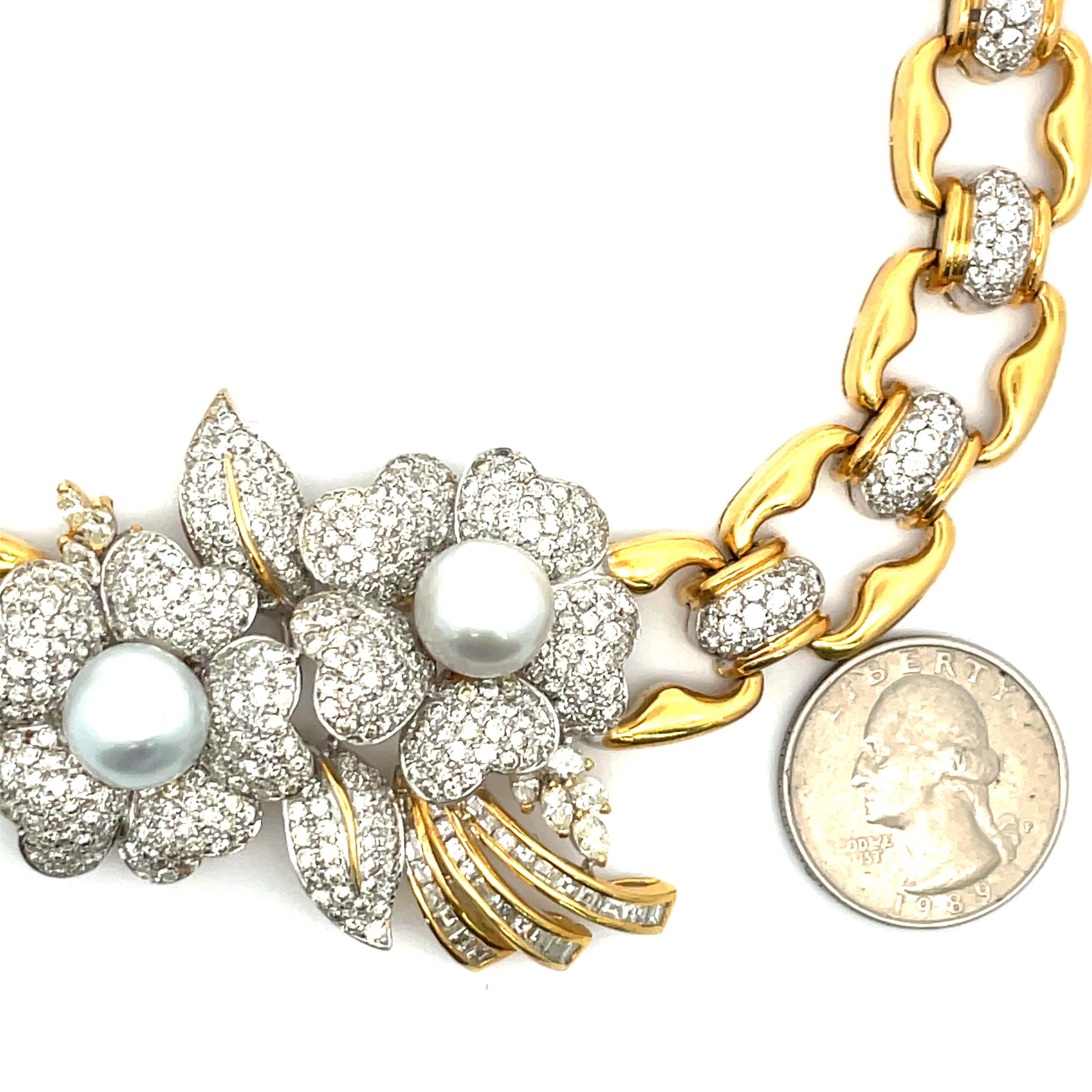 Pearl Floral Diamond Link Necklace 11.50 Carats 18 Karat Yellow Gold For Sale 9