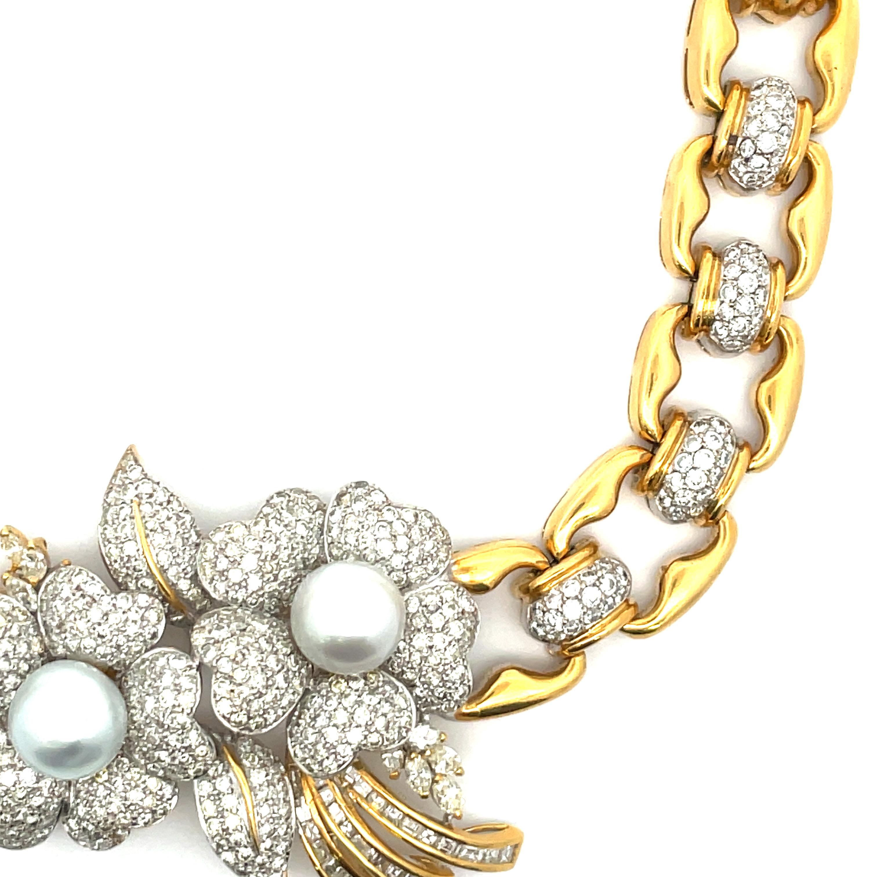 Perlen-Blumen-Diamant-Gliederhalskette 11,50 Karat 18 Karat Gelbgold im Angebot 10