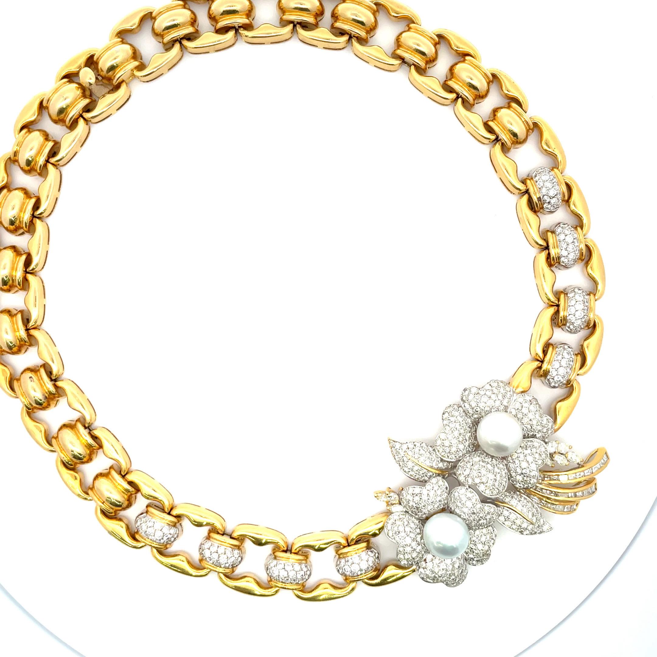 Pearl Floral Diamond Link Necklace 11.50 Carats 18 Karat Yellow Gold For Sale 11