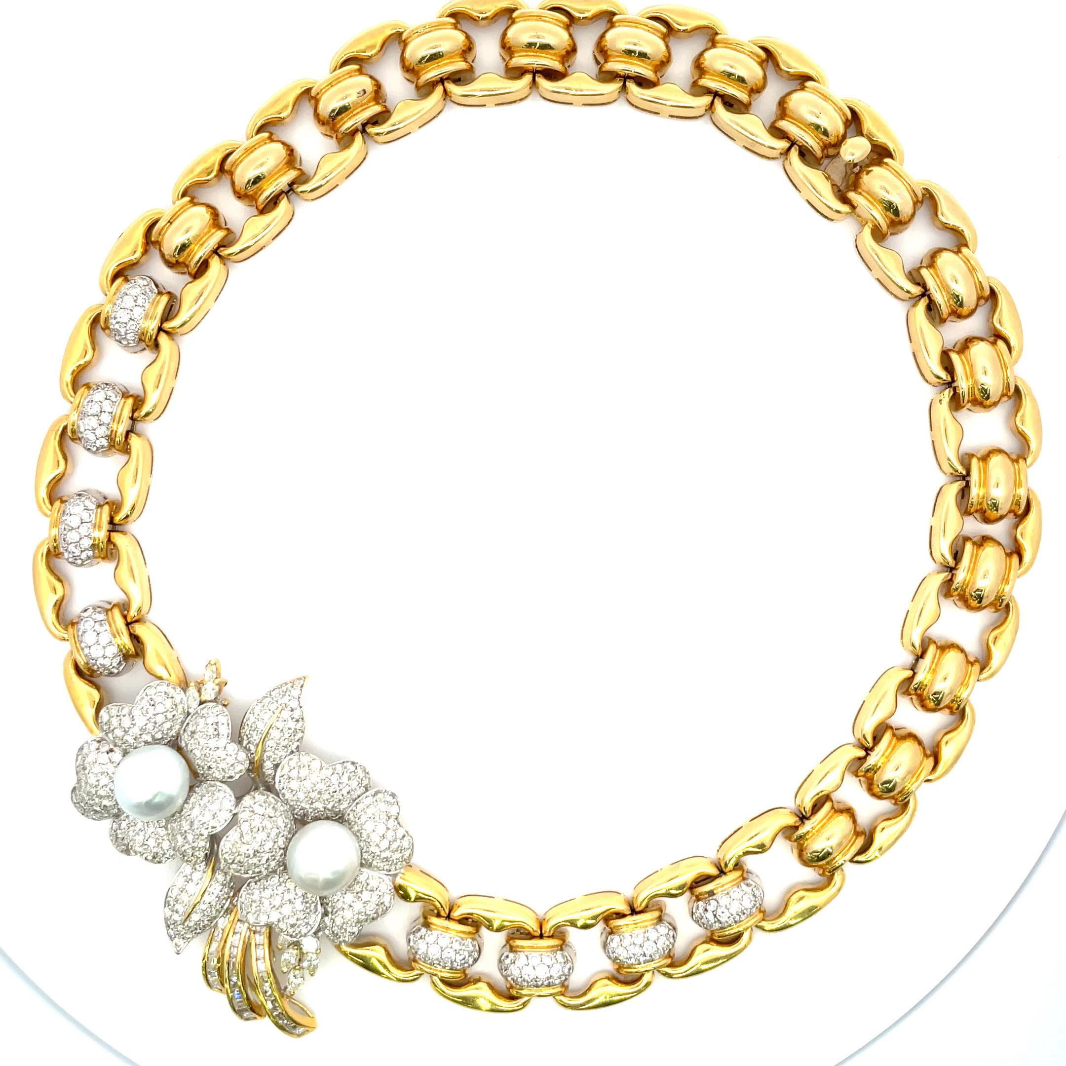 Perlen-Blumen-Diamant-Gliederhalskette 11,50 Karat 18 Karat Gelbgold im Angebot 12