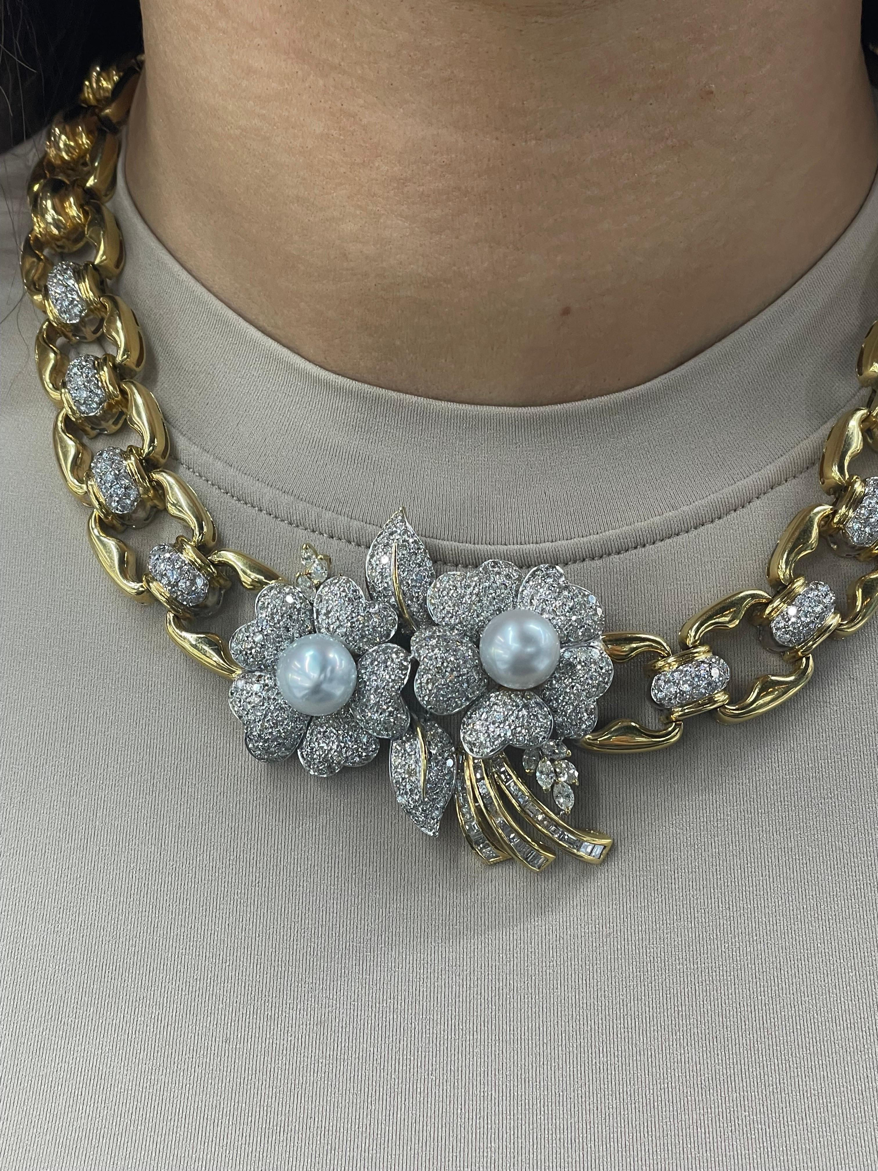 Pearl Floral Diamond Link Necklace 11.50 Carats 18 Karat Yellow Gold For Sale 1