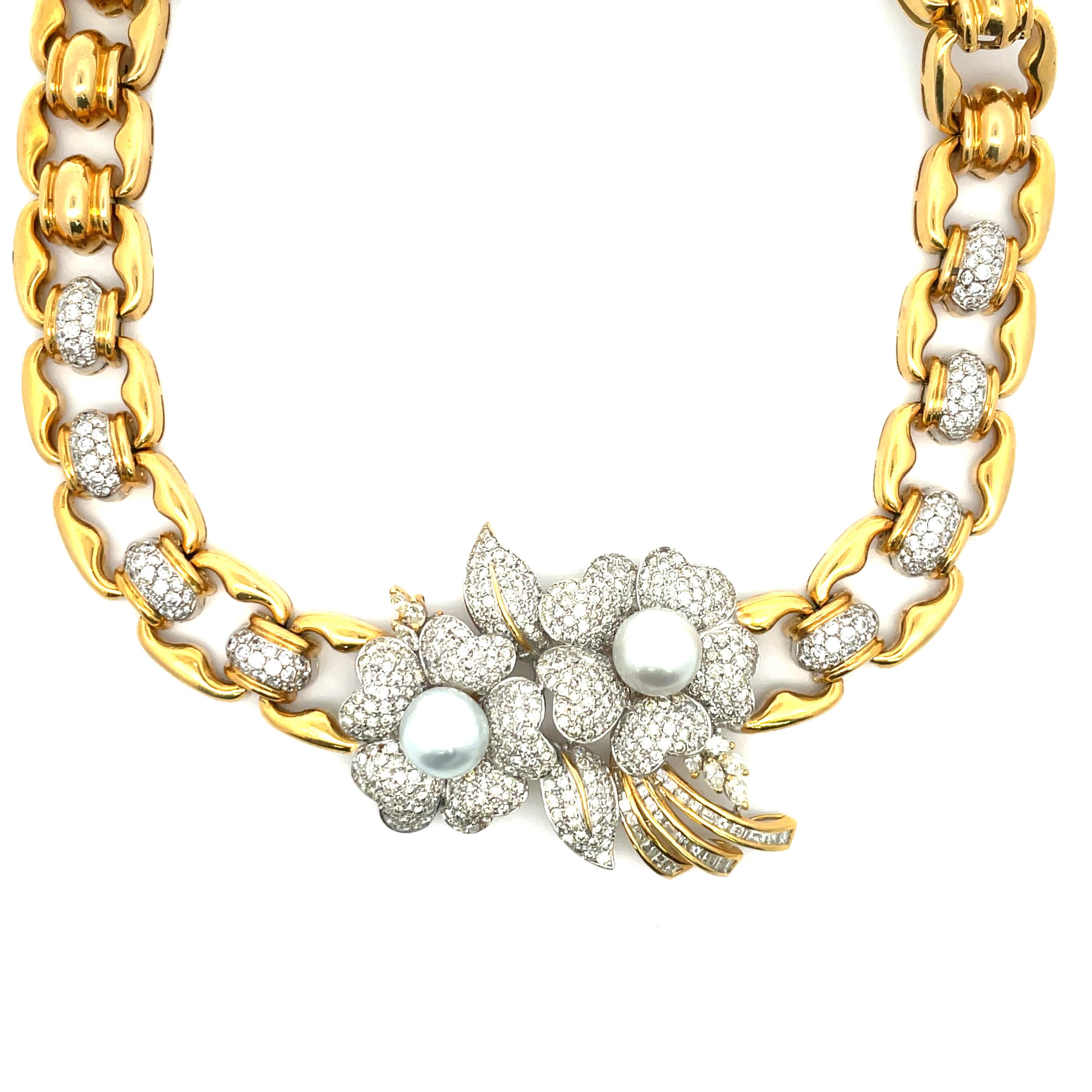 Pearl Floral Diamond Link Necklace 11.50 Carats 18 Karat Yellow Gold For Sale 2