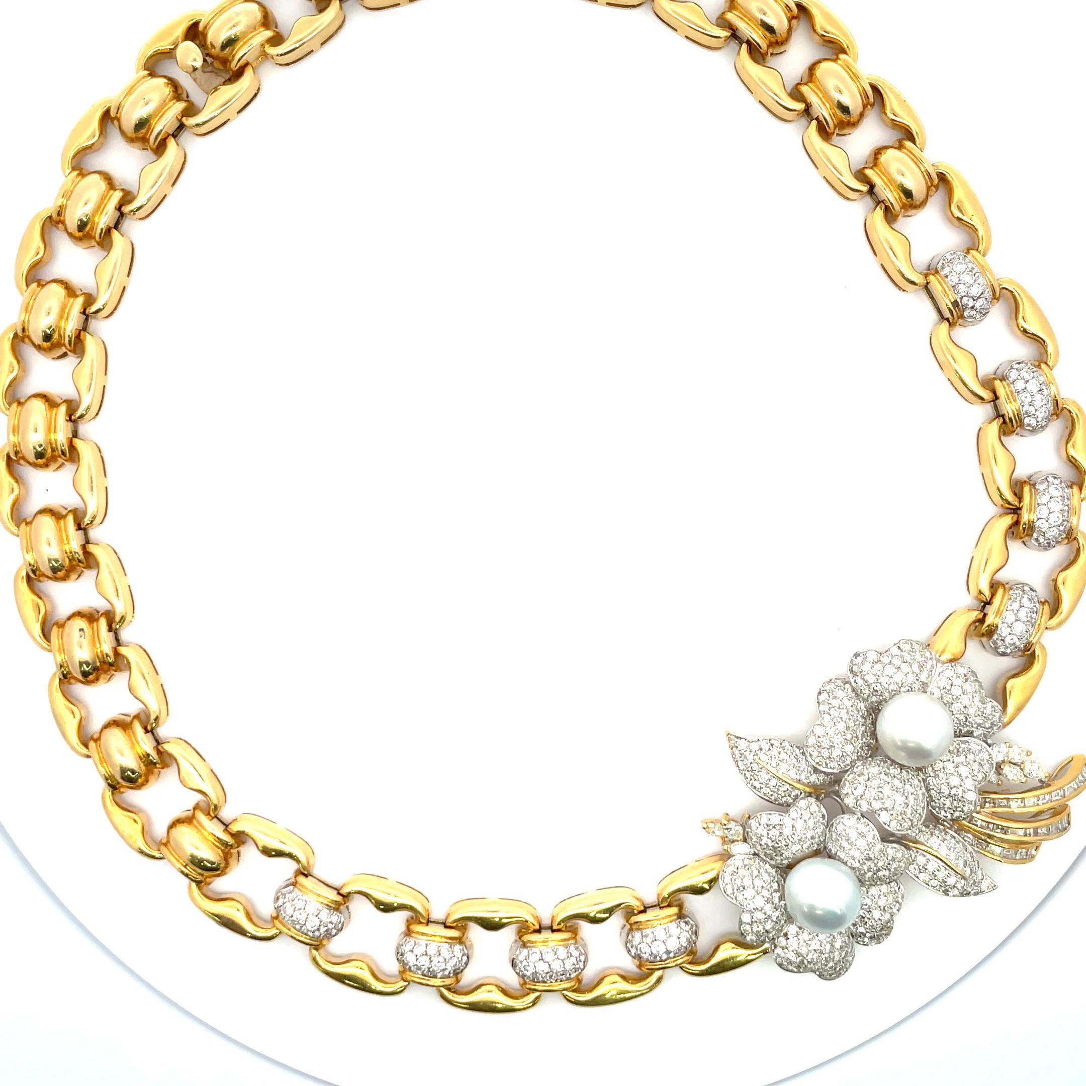 Pearl Floral Diamond Link Necklace 11.50 Carats 18 Karat Yellow Gold For Sale 3