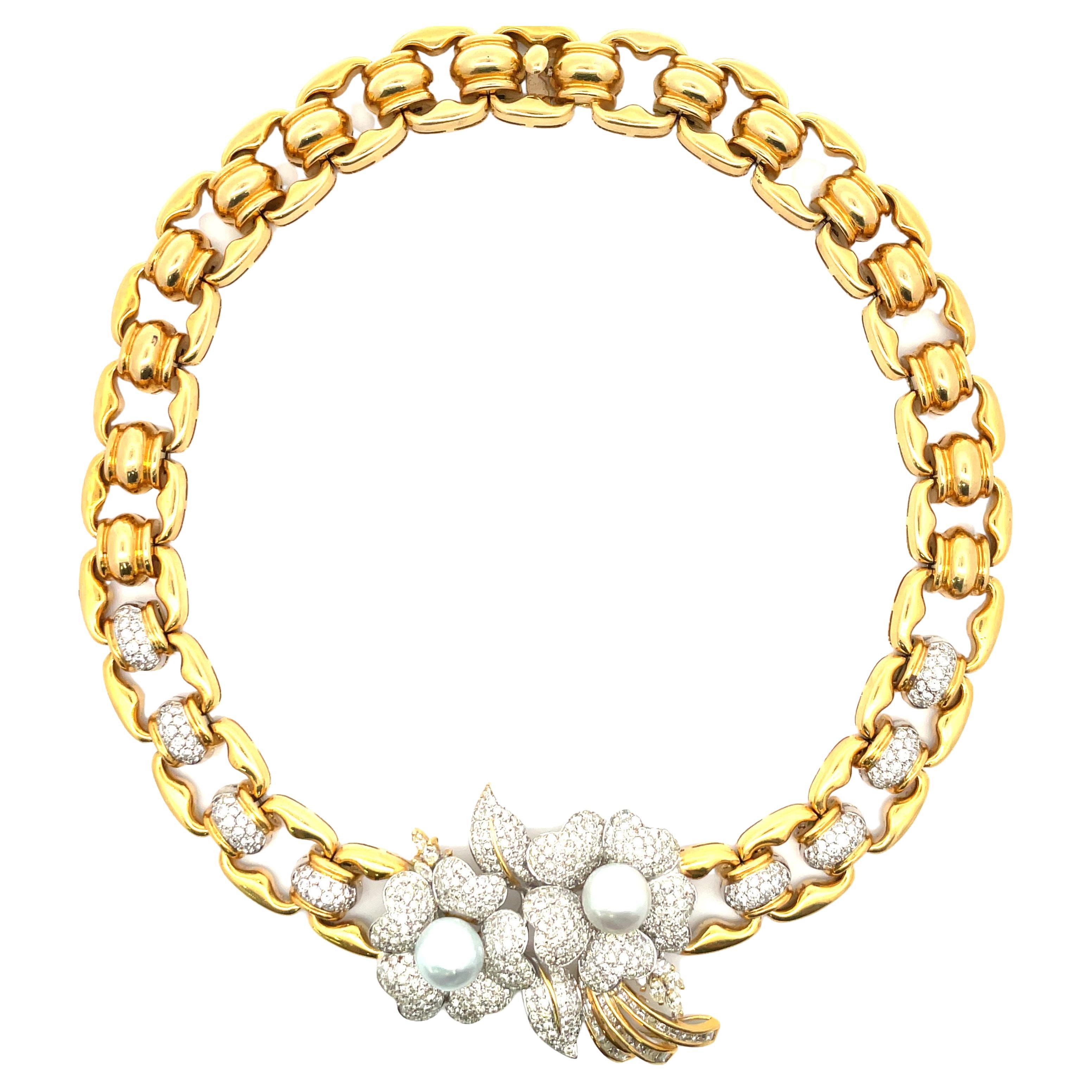 Pearl Floral Diamond Link Necklace 11.50 Carats 18 Karat Yellow Gold For Sale