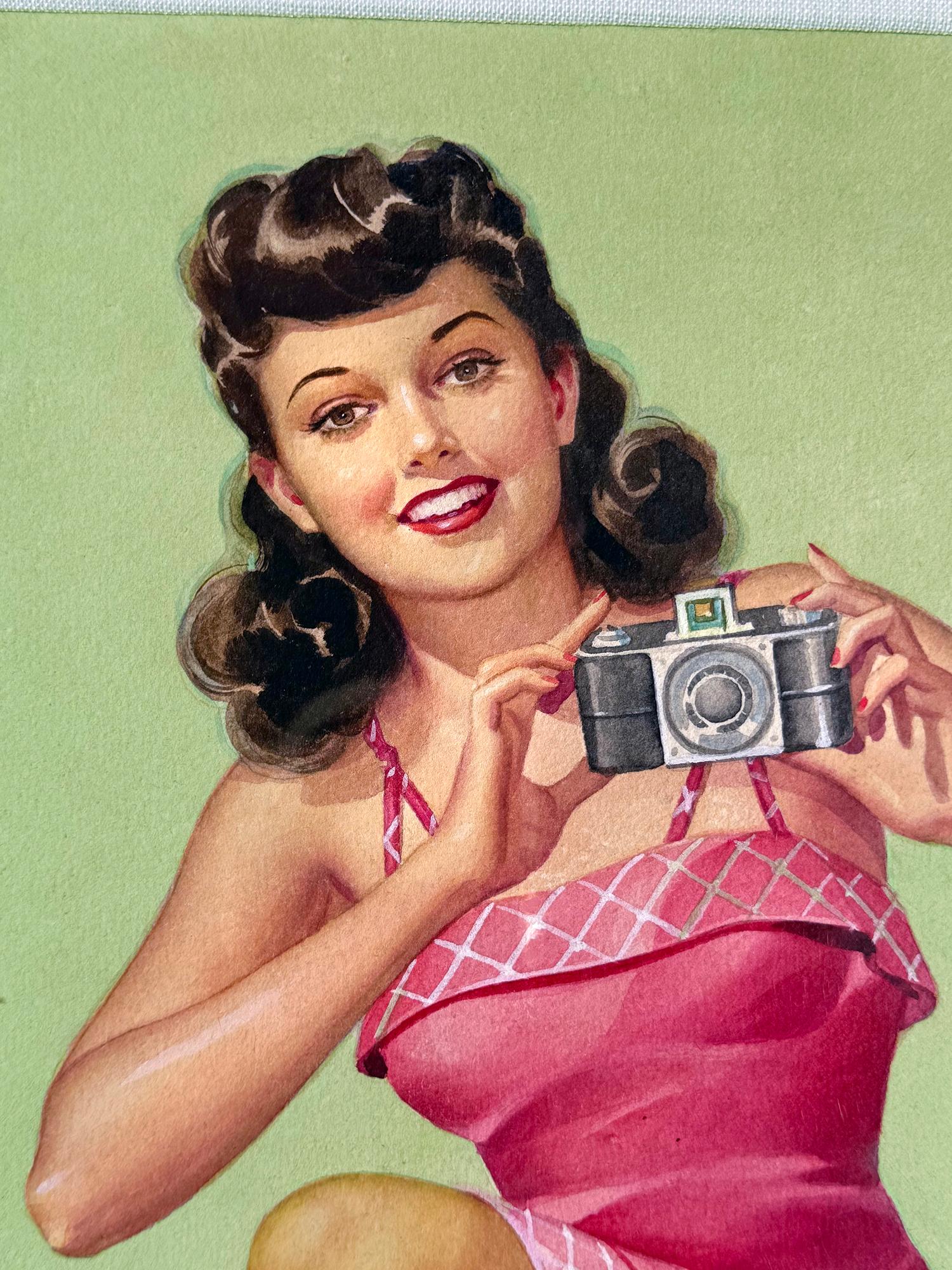 Chica Pin Up con vestido rojo, mediados de siglo,  Artista femenina - Painting de Pearl Frush