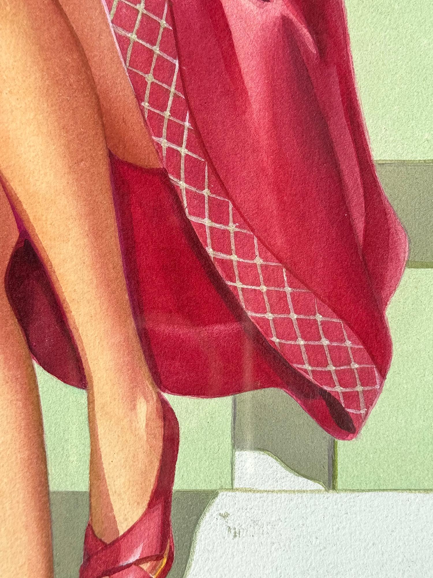 Chica Pin Up con vestido rojo, mediados de siglo,  Artista femenina - Painting realista estadounidense de Pearl Frush