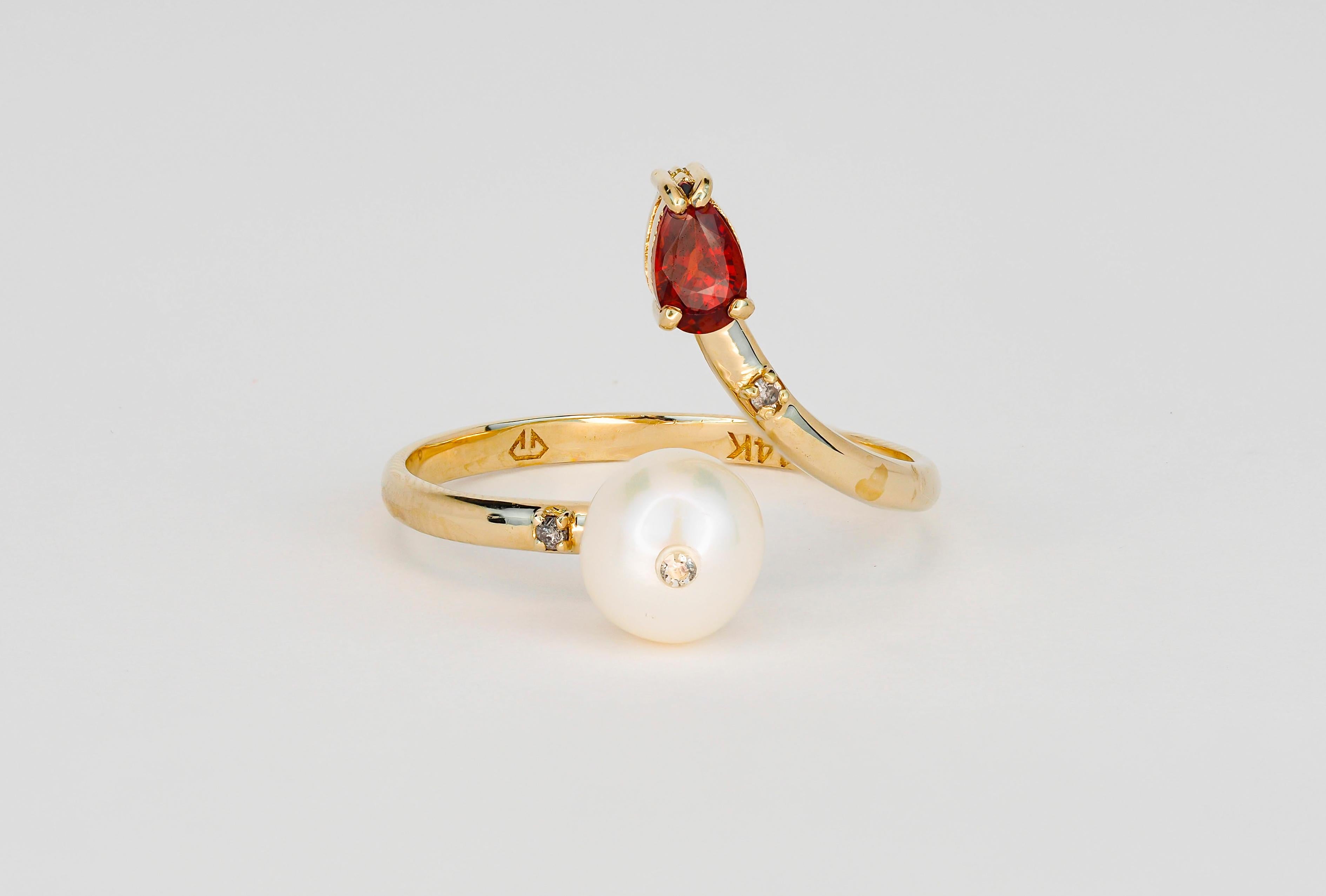 Pearl, garnet 14k gold ring. 
Open ended garnet ring. Adjustable gold ring. Pear garnet ring. January and June birthstone ring.

Metal: 14k gold
Weight: 1.70 g. depnds from size.

Main stone - culturel Akoya Pearl
White color, round cut, 6.2 mm
