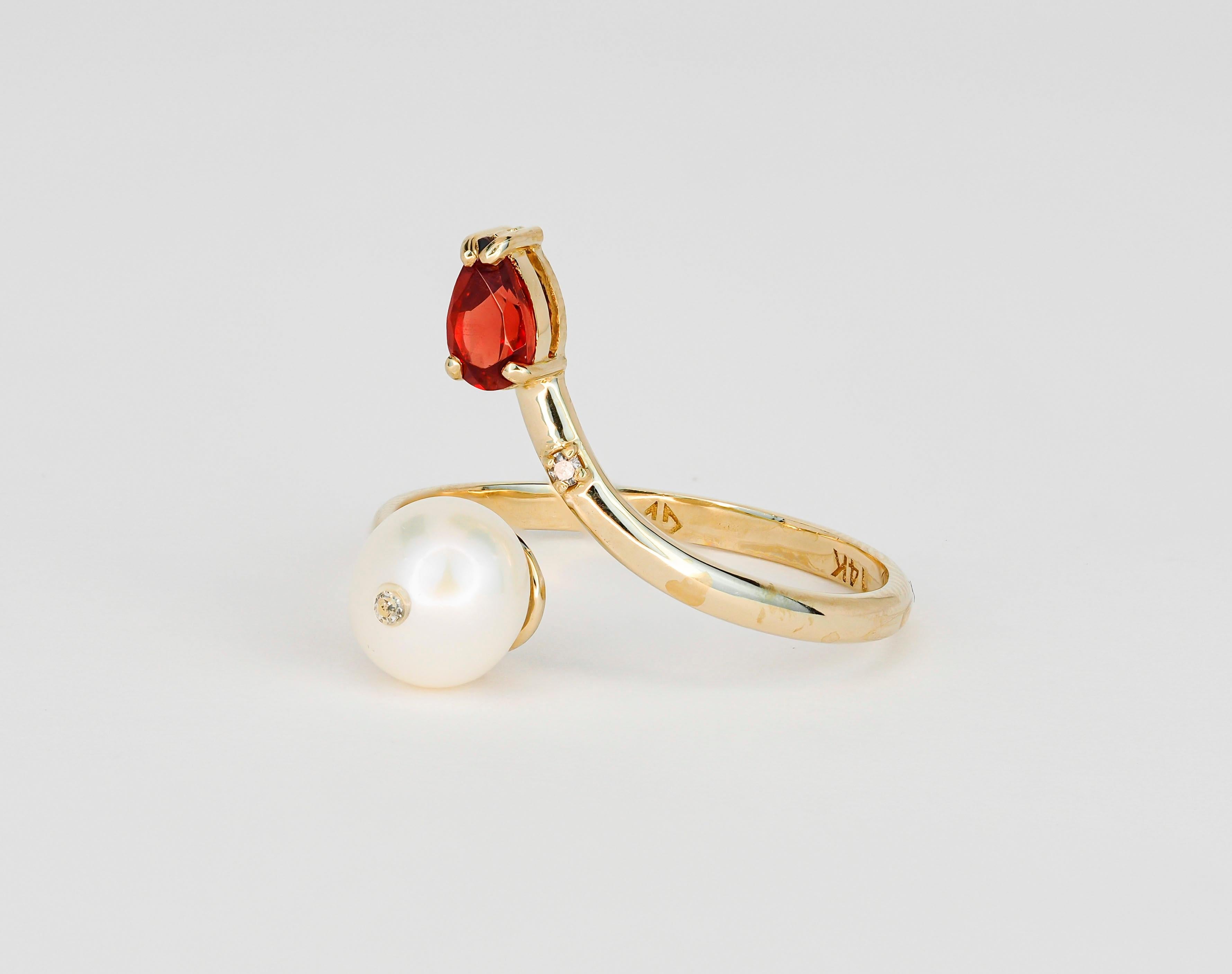 Pear Cut Pearl, garnet 14k gold ring.  For Sale