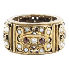 Antique Pearl, Garnet, and Diamond Arts & Crafts Eternity Band in 14 Karat Yellow Gold