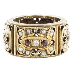 Pearl, Garnet, and Diamond Arts & Crafts Eternity Band in 14 Karat Yellow Gold