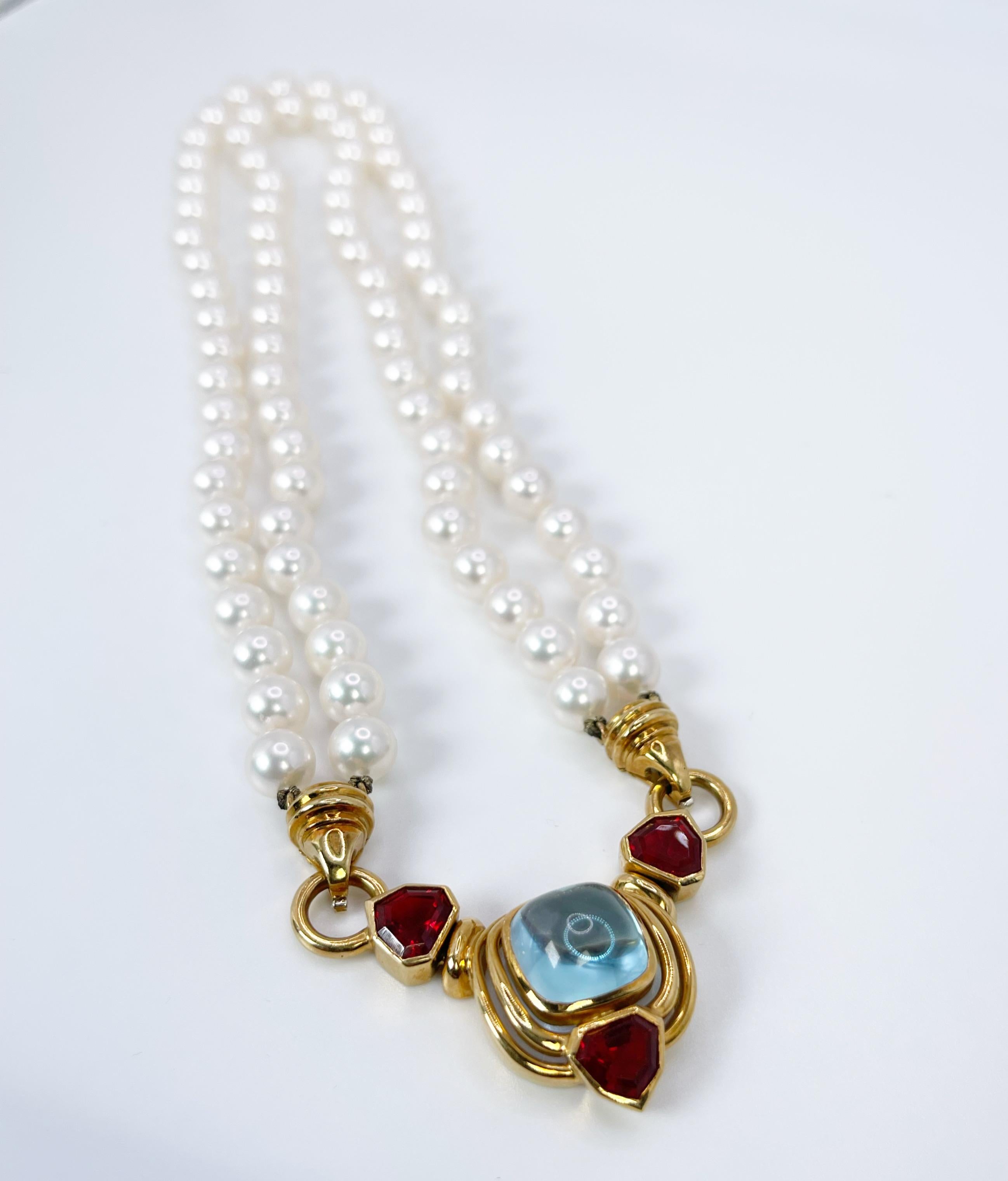 Cabochon Pearl & Gemstone Necklace 18KT Yellow Gold Fire Opals Necklace