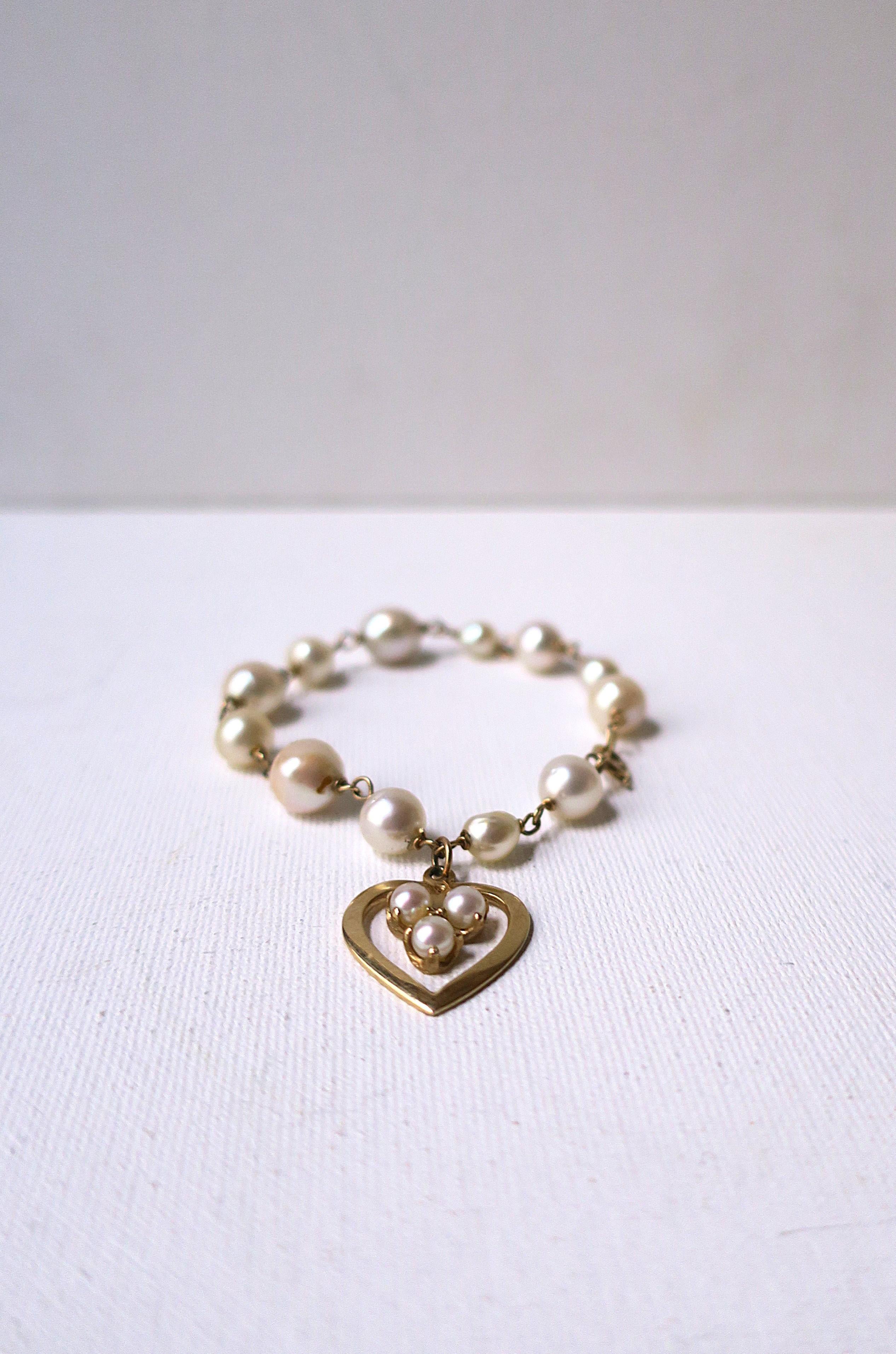 da uomo o donna Bracciale con perle e cuore in oro 14 carati in vendita