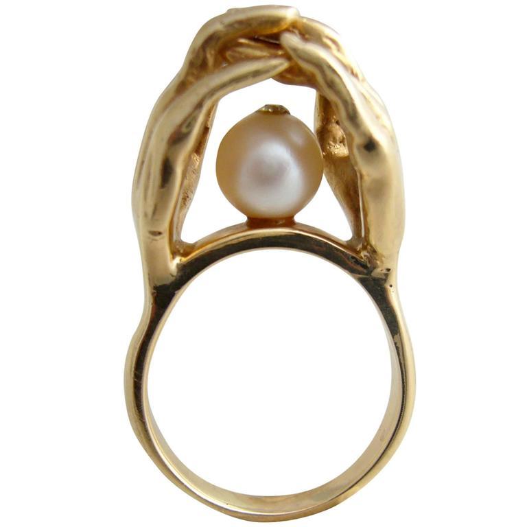 Modernist Gold Hands With Pearl Love Cocktail Ring