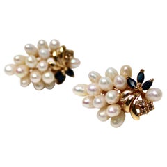 Pearl Grape 14k Yellow Gold Earrings With Blue Sapphire & Diamonds circa 1960s
