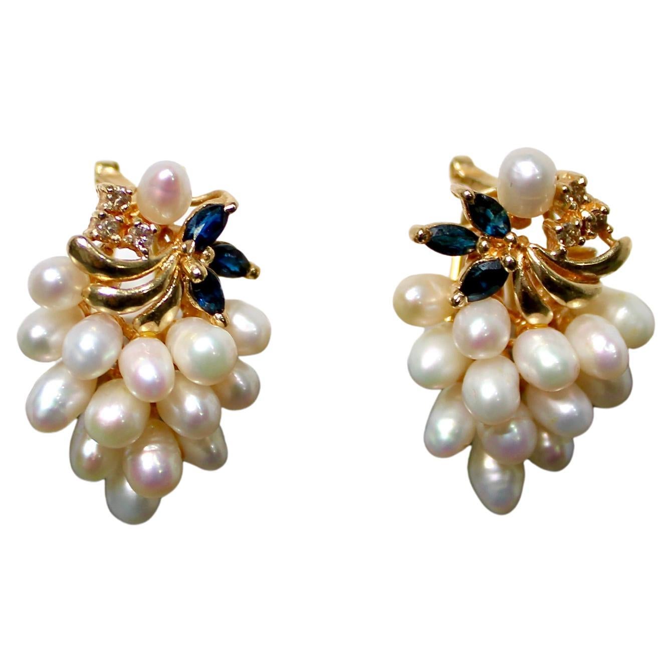 Pearl Grape 14k Yellow Gold Earrings With Blue Sapphire 
Diamonds circa 1960s For Sale