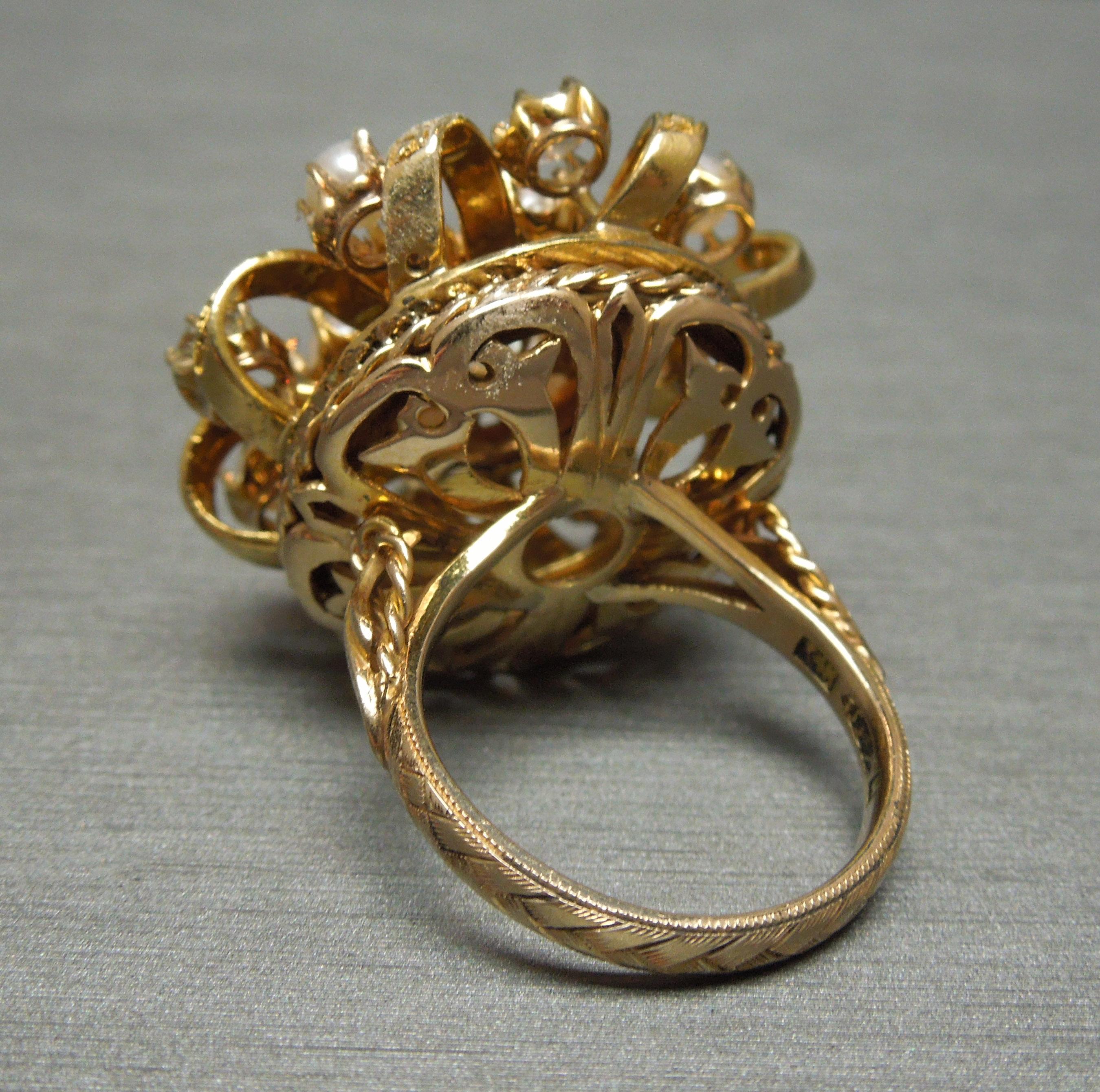 European Diamond & Pearl Greek Key Ribbon Ring For Sale 1