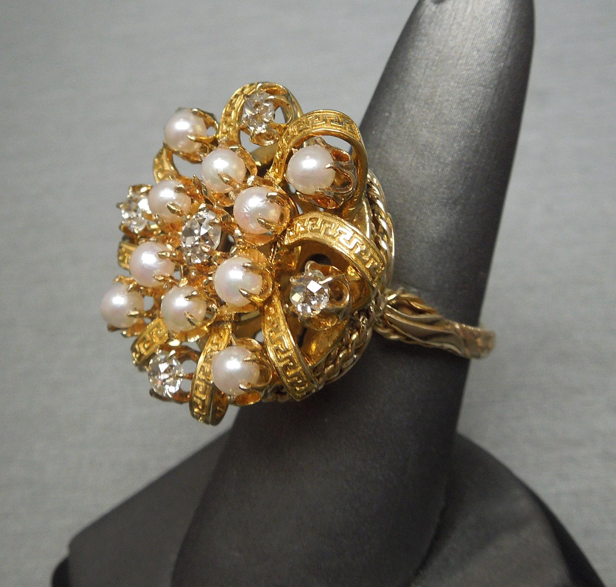 European Diamond & Pearl Greek Key Ribbon Ring For Sale 2