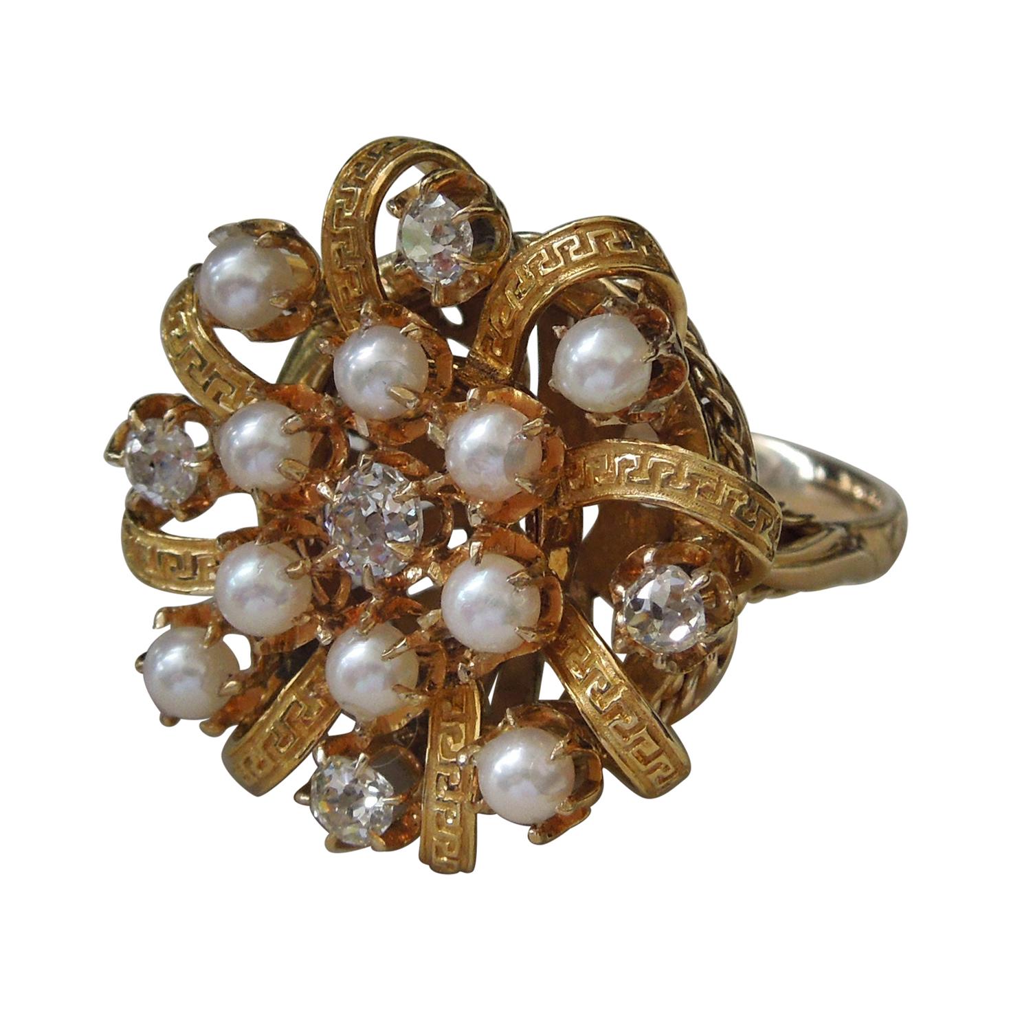 European Diamond & Pearl Greek Key Ribbon Ring For Sale