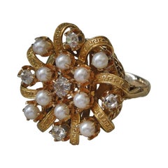Vintage European Diamond & Pearl Greek Key Ribbon Ring
