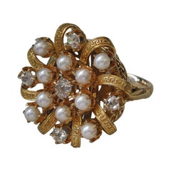 Retro European Diamond & Pearl Greek Key Ribbon Ring