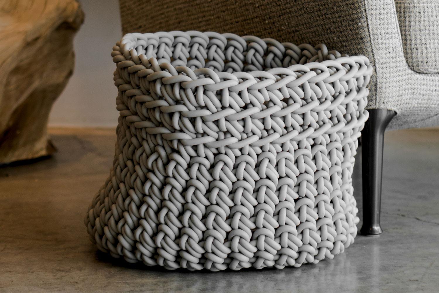 Italian Pearl Grey Hand-Knitted Neoprene Cilindro Basket, Rosanna Contadini