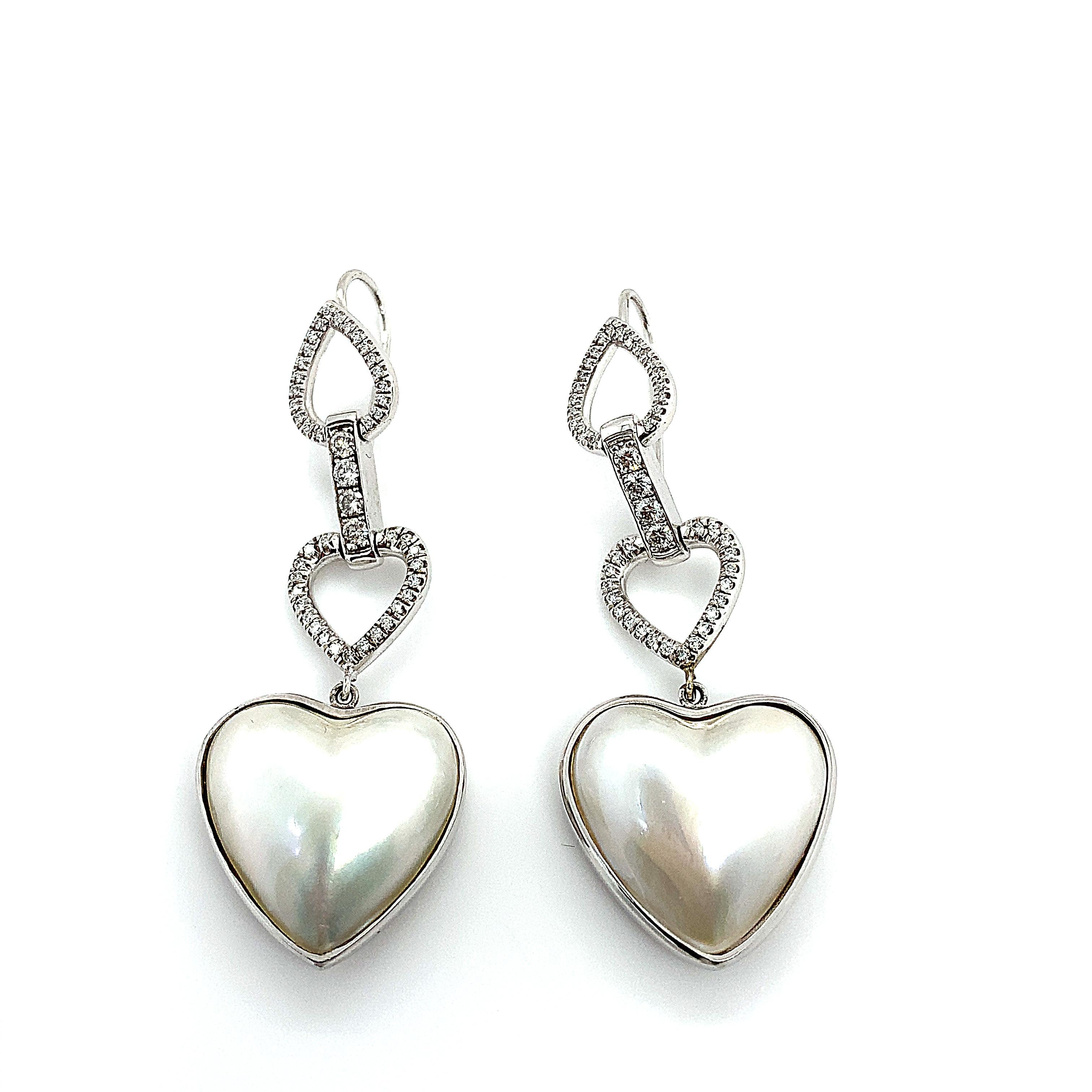 Women's Pearl heart shape drop dangle earrings 18k white gold For Sale