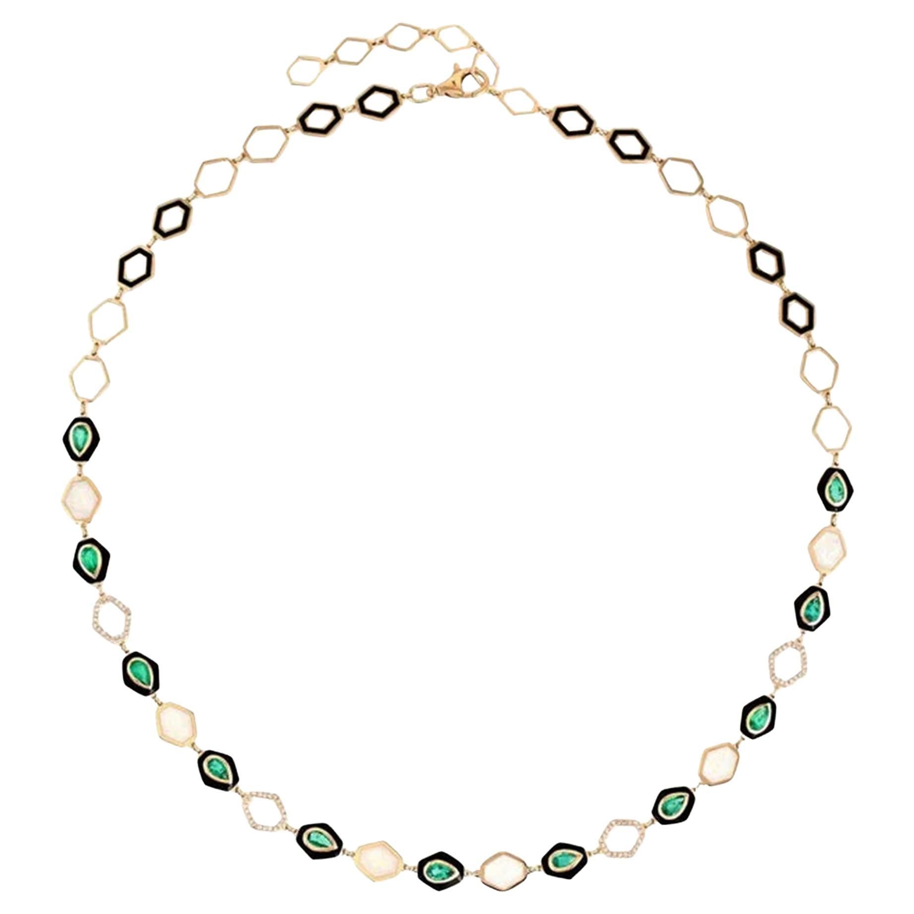 2.09ct Emerald & 0.44ct Diamond Hexagon 14K Yellow Gold Link Necklace For Sale