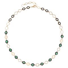 Collana a maglie in oro giallo 14 carati con smeraldo da 2,09 carati e diamante da 0,44 carati, a forma esagonale