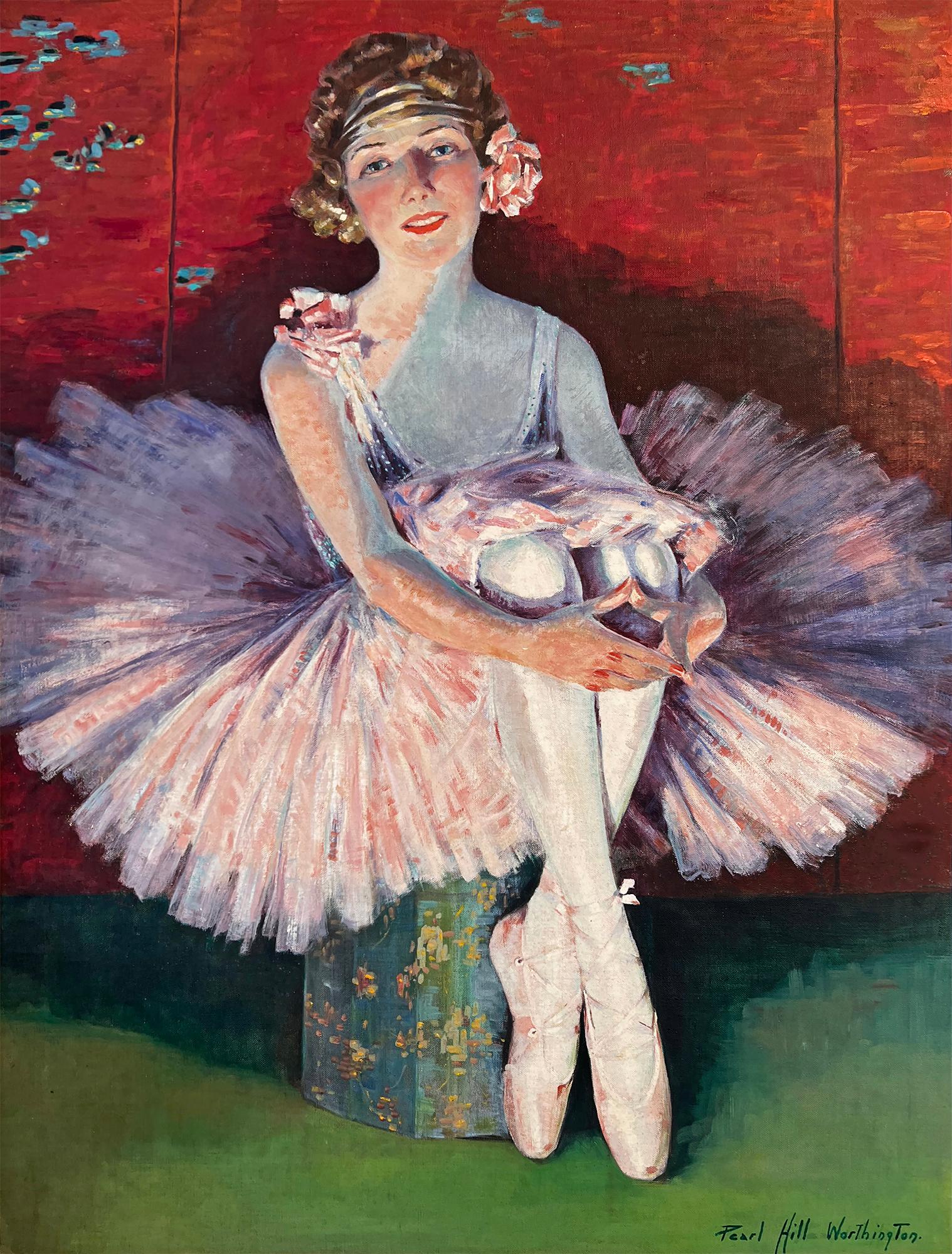 Pearl Hill Worthington Portrait Painting - Blond and Blue Eyed Ballerina in Tutu against Chinese Screen