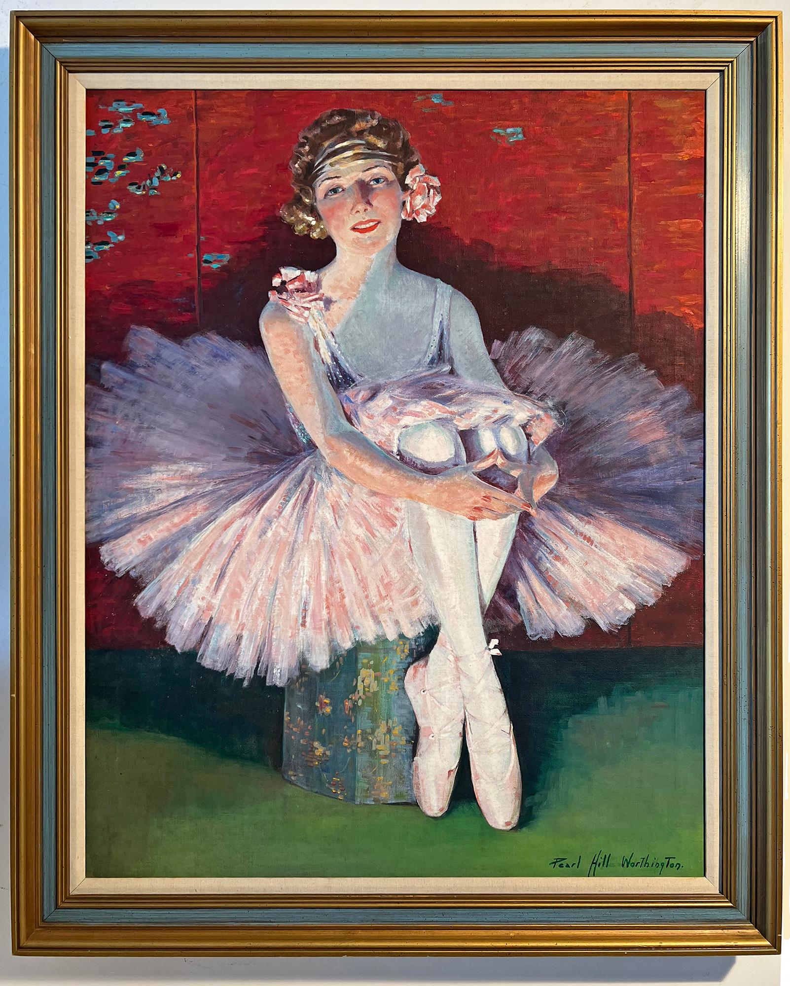 Blond and Blue Eyed Ballerina in Tutu against Chinese Screen - Painting by Pearl Hill Worthington